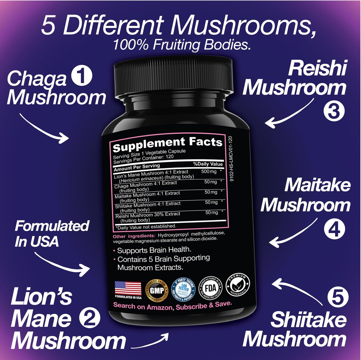 Saint Mingiano Lion's Mane Mushroom Supplement Capsules 120 Count