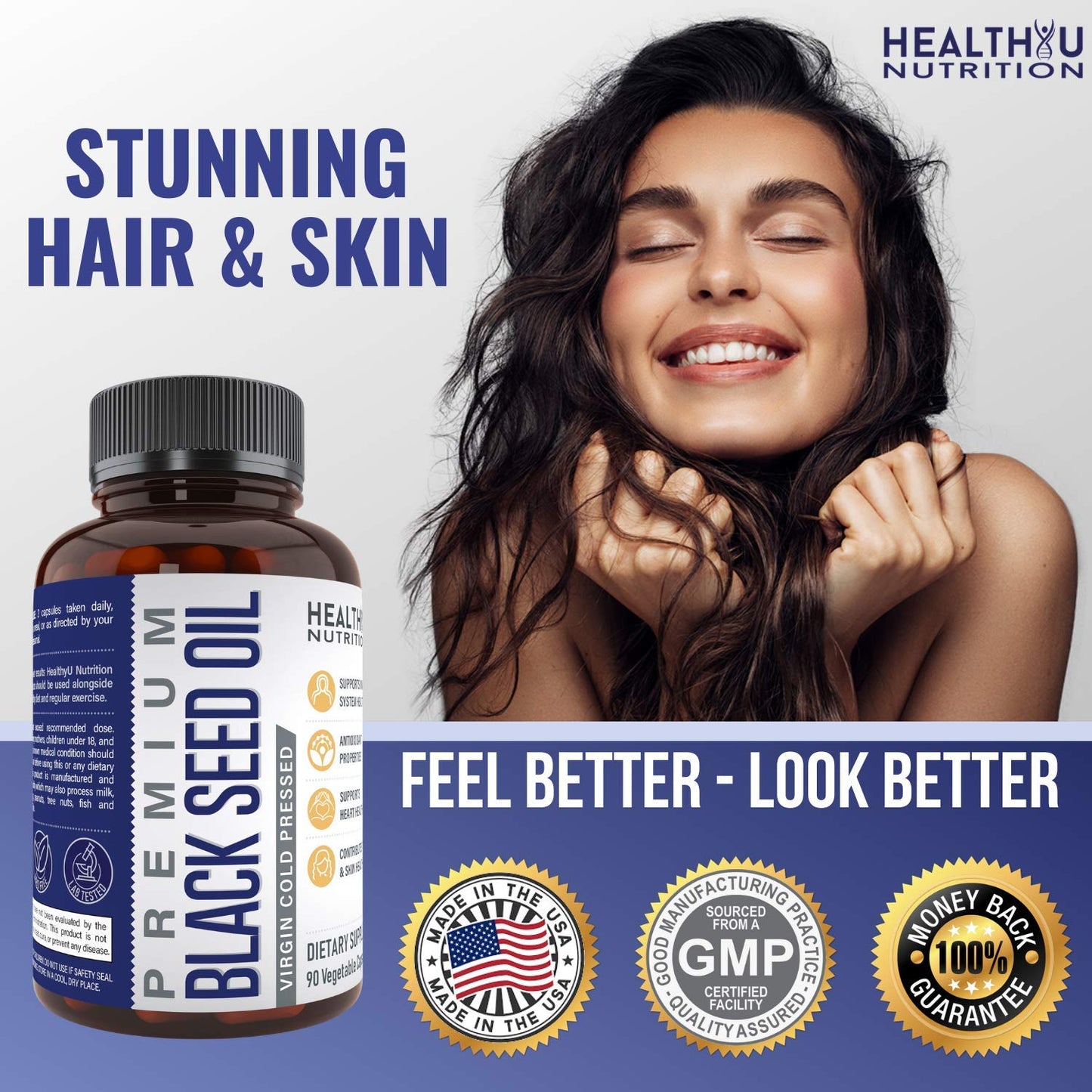 HEALTHYU NUTRITION Vegan Black Cumin Seed Oil Capsules 1000mg Cold Pressed Nigella Sativa 1 Count