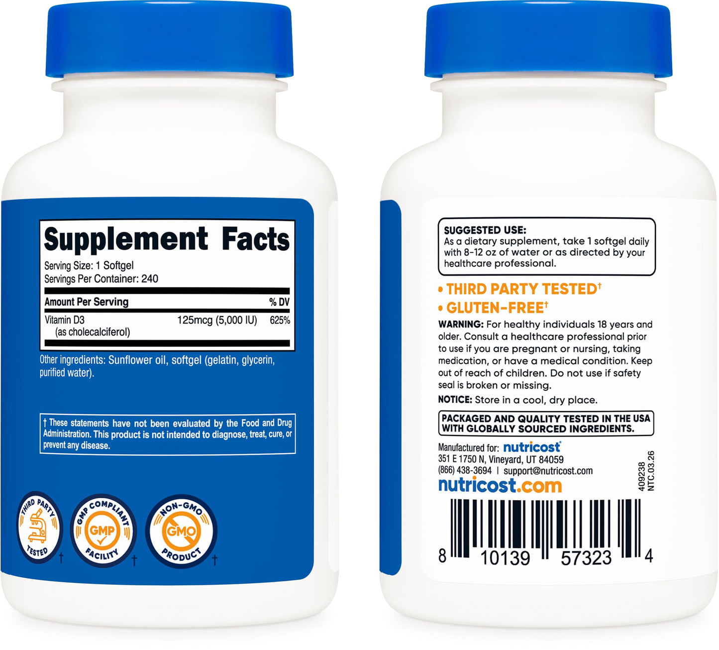 Nutricost Vitamin D3 5,000 IU (125mcg) Softgels, 240 Count