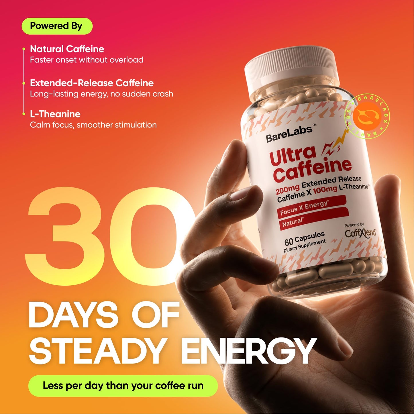 BareLabs Extended Release Caffeine + L-Theanine Capsules, 60 Capsules