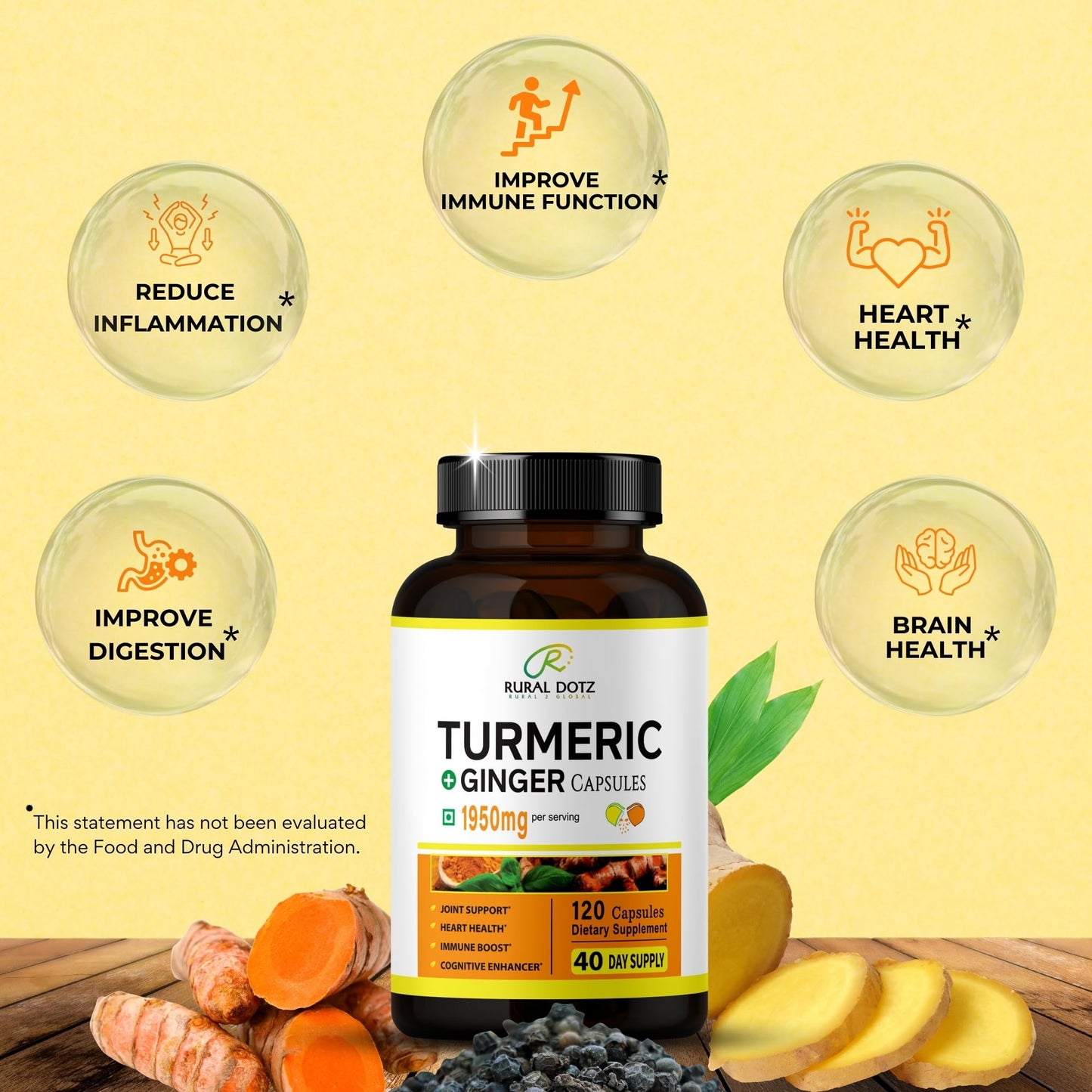 Rural Dotz Turmeric Curcumin Supplement 1950mg with Turmeric & Ginger, 95% Curcuminoids, Black Pepper for Absorption Capsule 120 Count