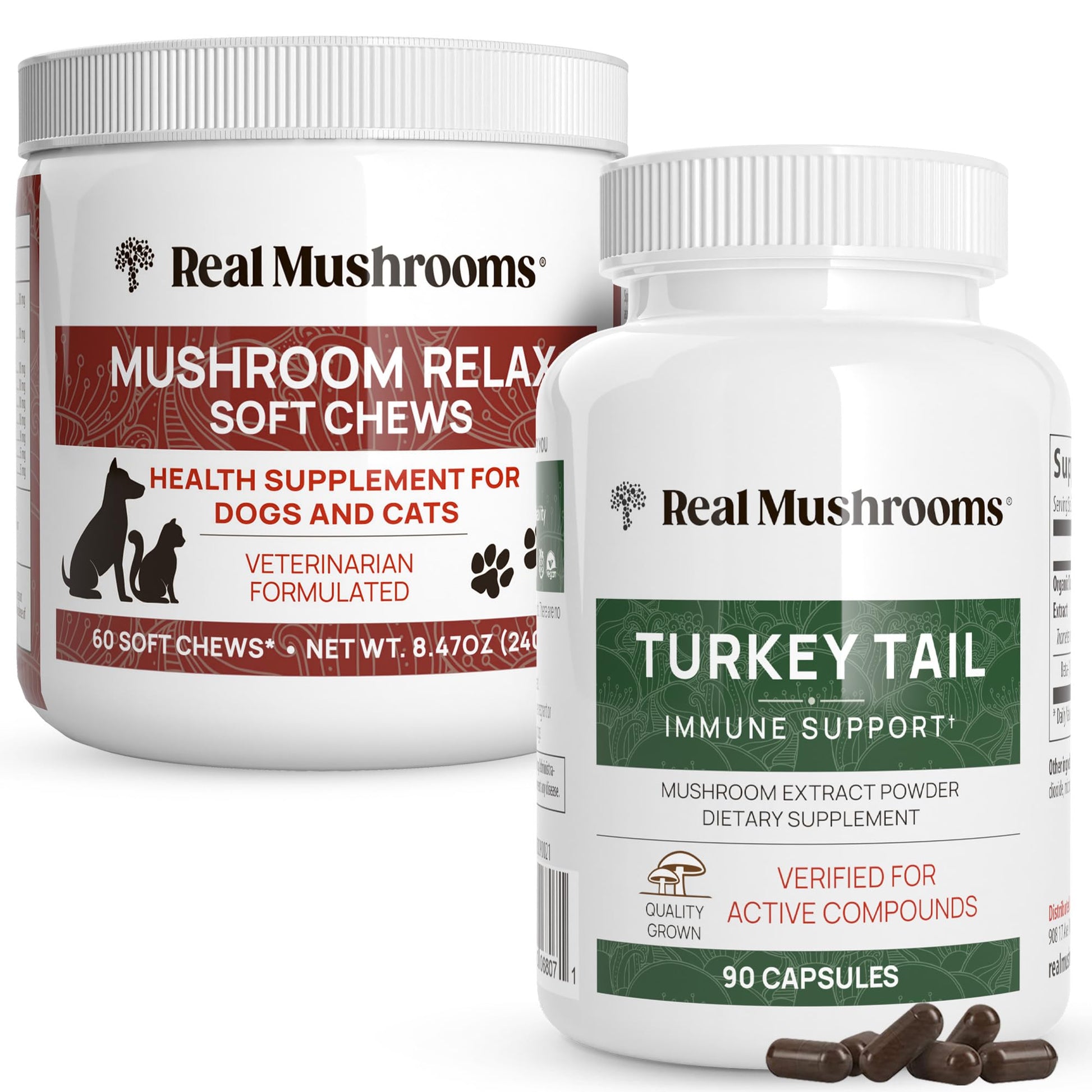 Real Mushrooms Turkey Tail for Humans & Mushroom Pet Relax Chews Capsule Bundle, 2-Pack