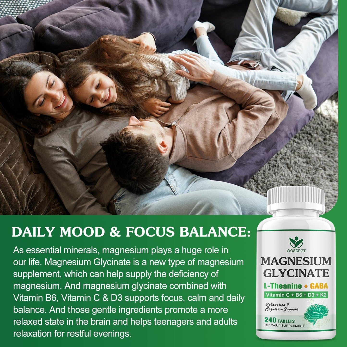 WOGORGT Magnesium Glycinate and L-Theanine Supplement 240 Tablets