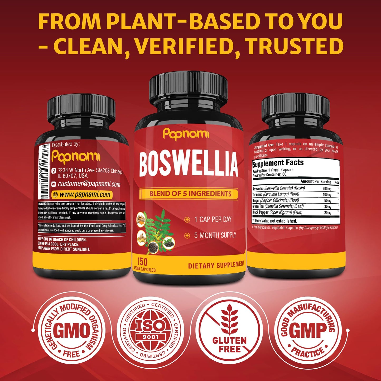 Papnami Boswellia Serrata Extract Capsules with Turmeric, Ginger, Pepper, Green Tea, 150 Capsules