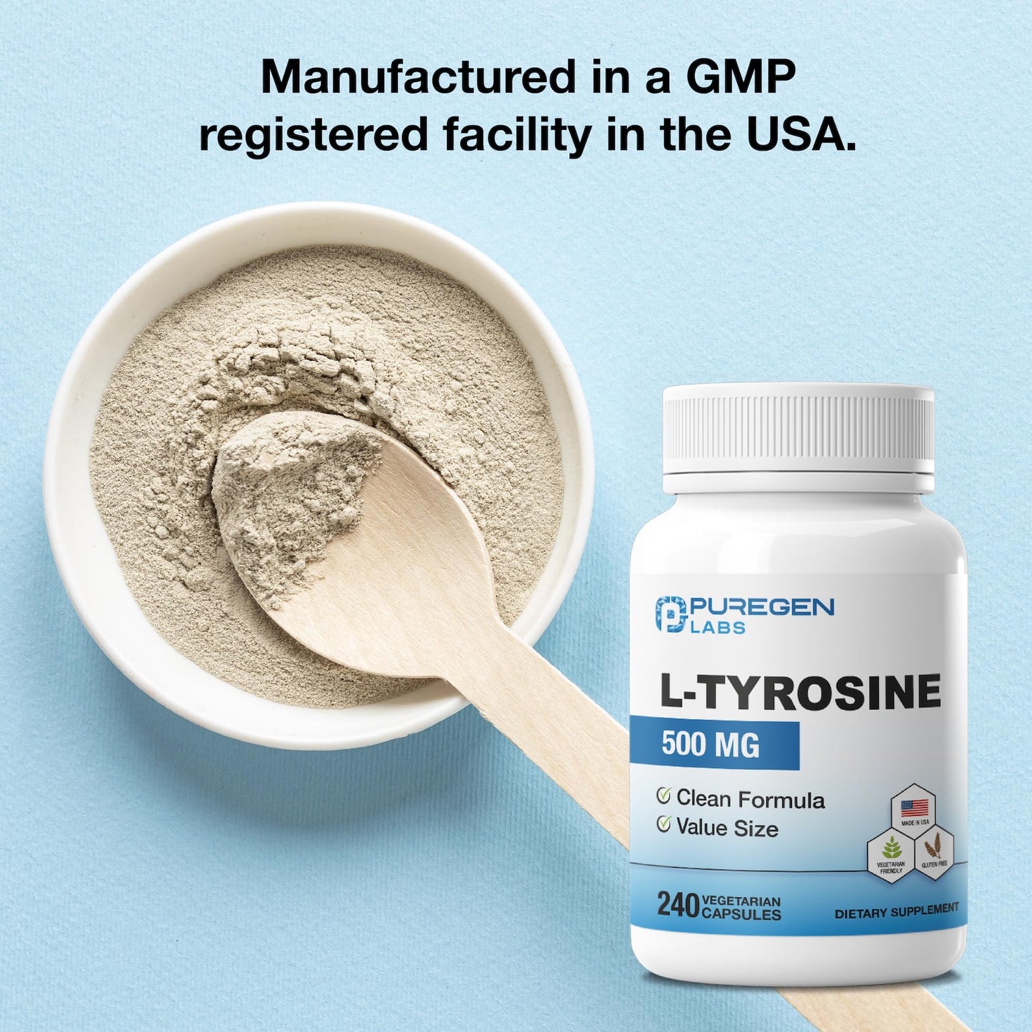 P Puregen Labs L-Tyrosine 500 mg Vegetable Capsules, 480 Capsules