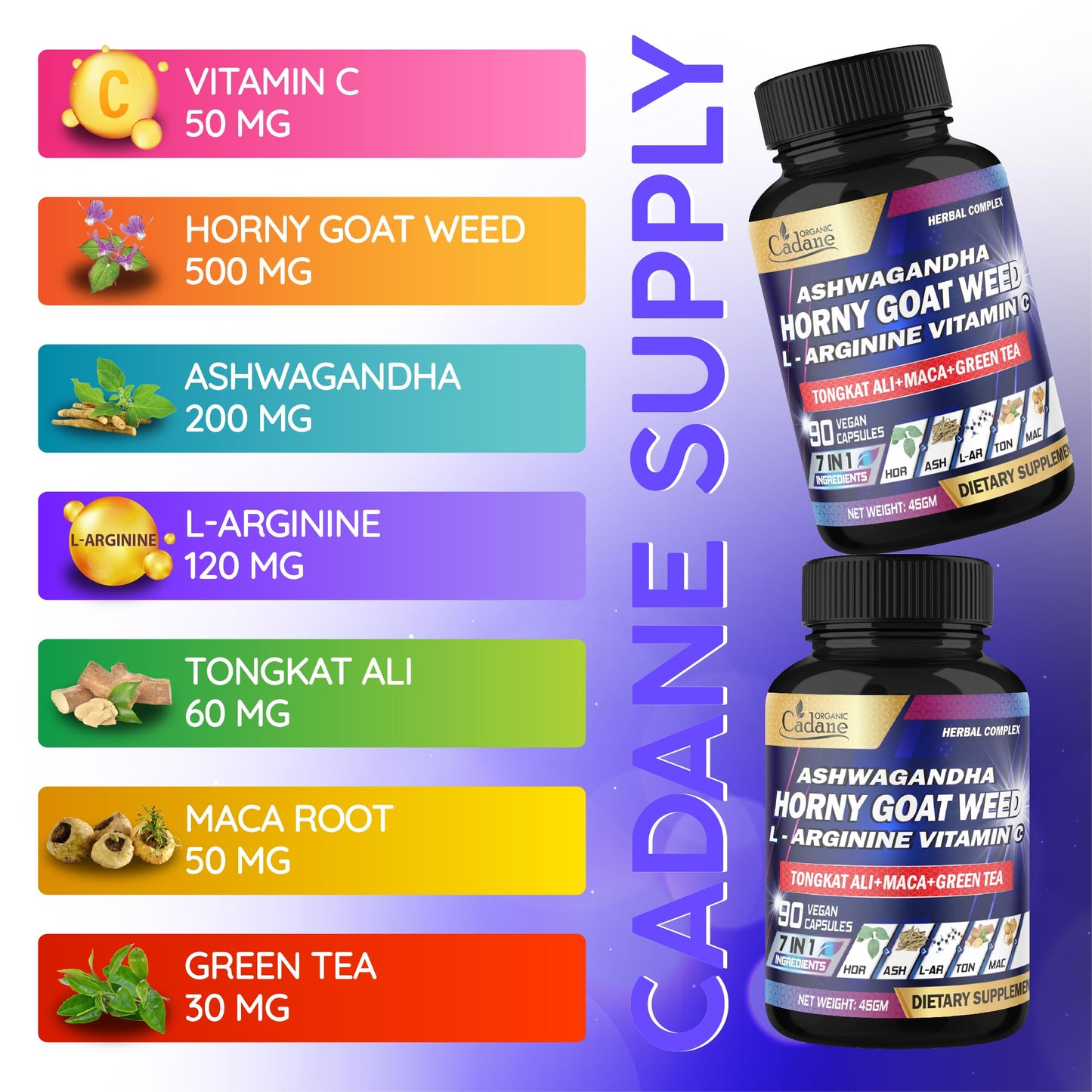 Organic Cadane Horny Goat Weed Supplement - 7in1 Blended with VIT C, Ashwagandha Root, L-Arginine & More, 90 Capsules