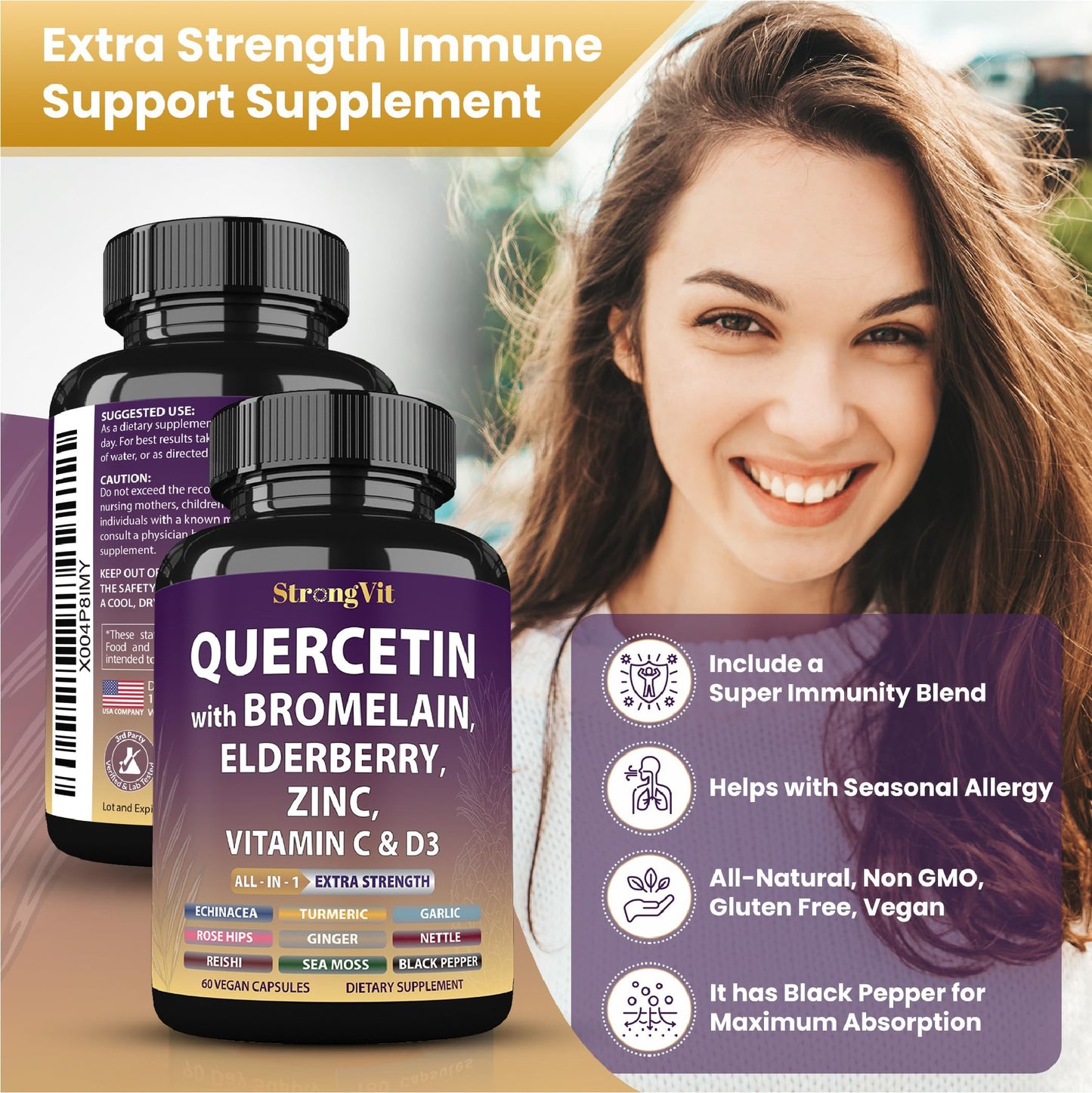 StrongVit Quercetin with Bromelain, Elderberry, Vitamin C, D3 and Zinc 60 Capsules