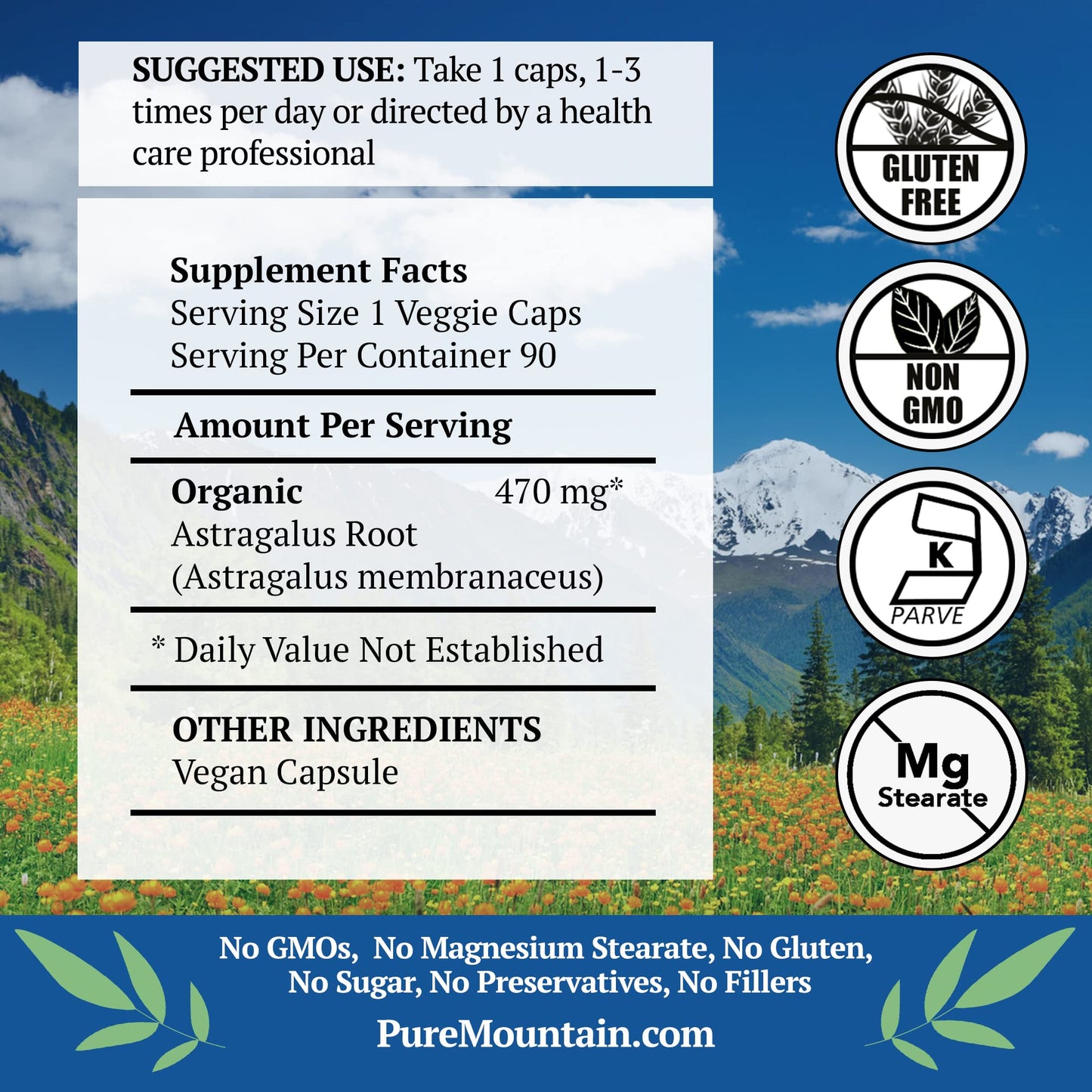 Pure Mountain Botanicals Astragalus Root Capsules 90 Count
