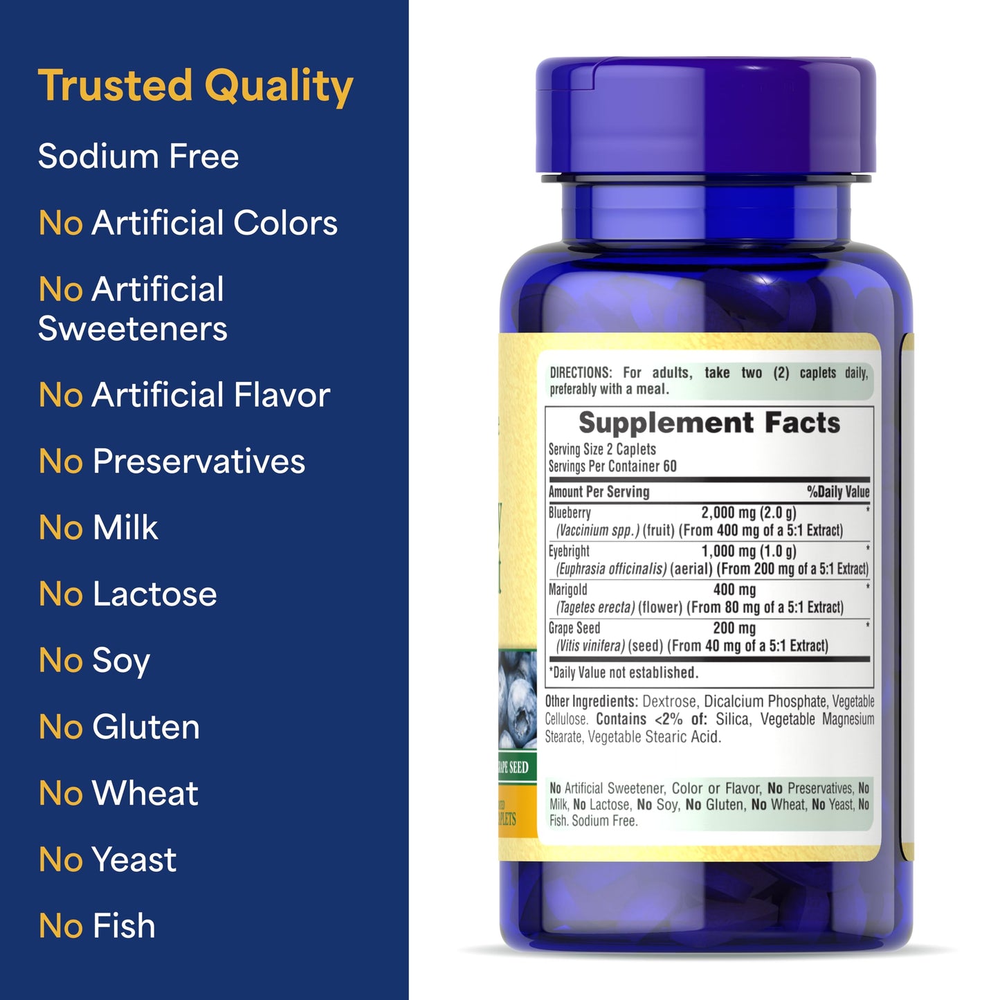 Puritan's Pride Premium Blueberry Eyebright Complex with Extracts of Marigold and Grapeseed Caplets, 120 Count