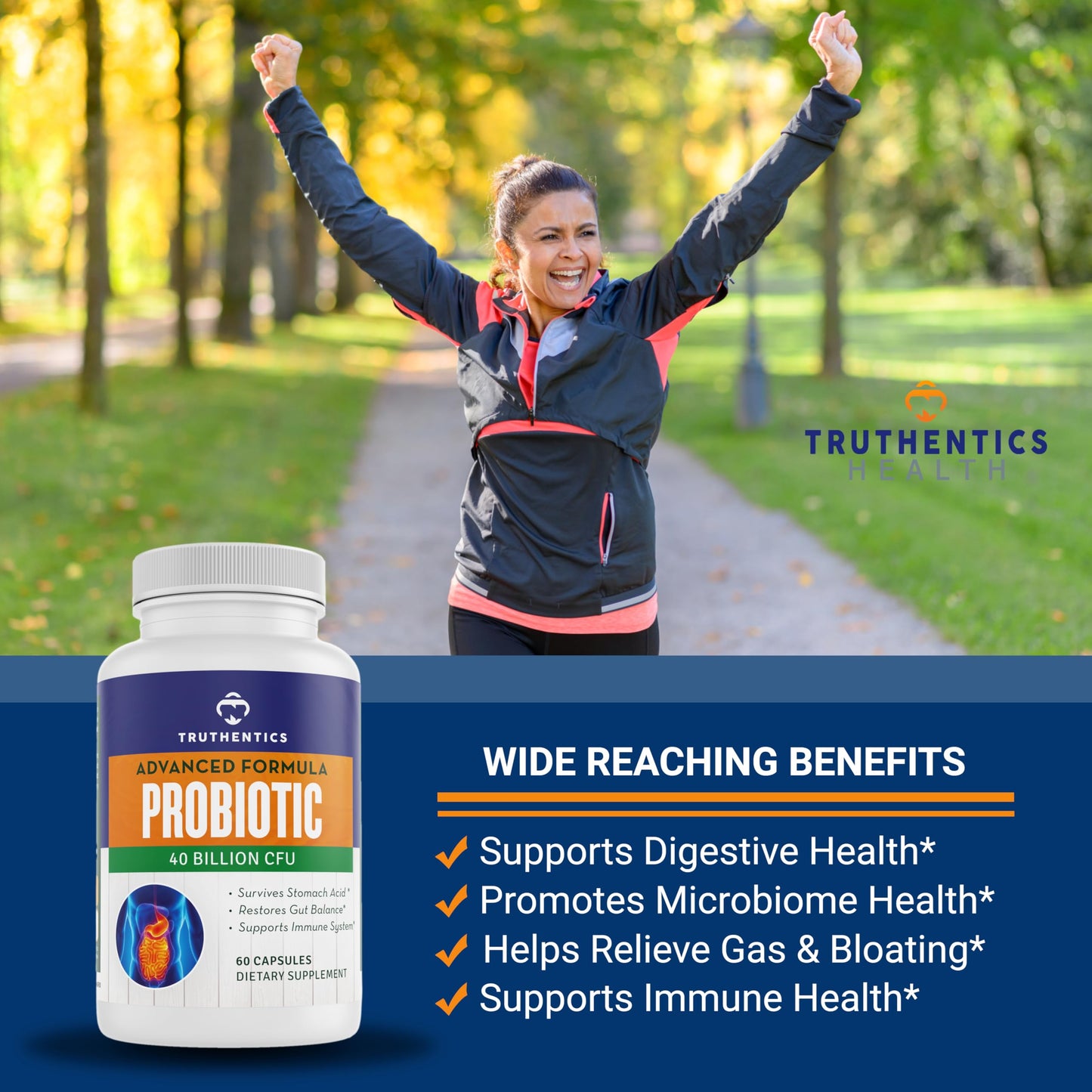 TRUTHENTICS Probiotic 40 Billion CFU with Prebiotics Bifidobacterium Lactobacillus Acidophilus Paracasei Probiotics for Men & Women Capsules, 60
