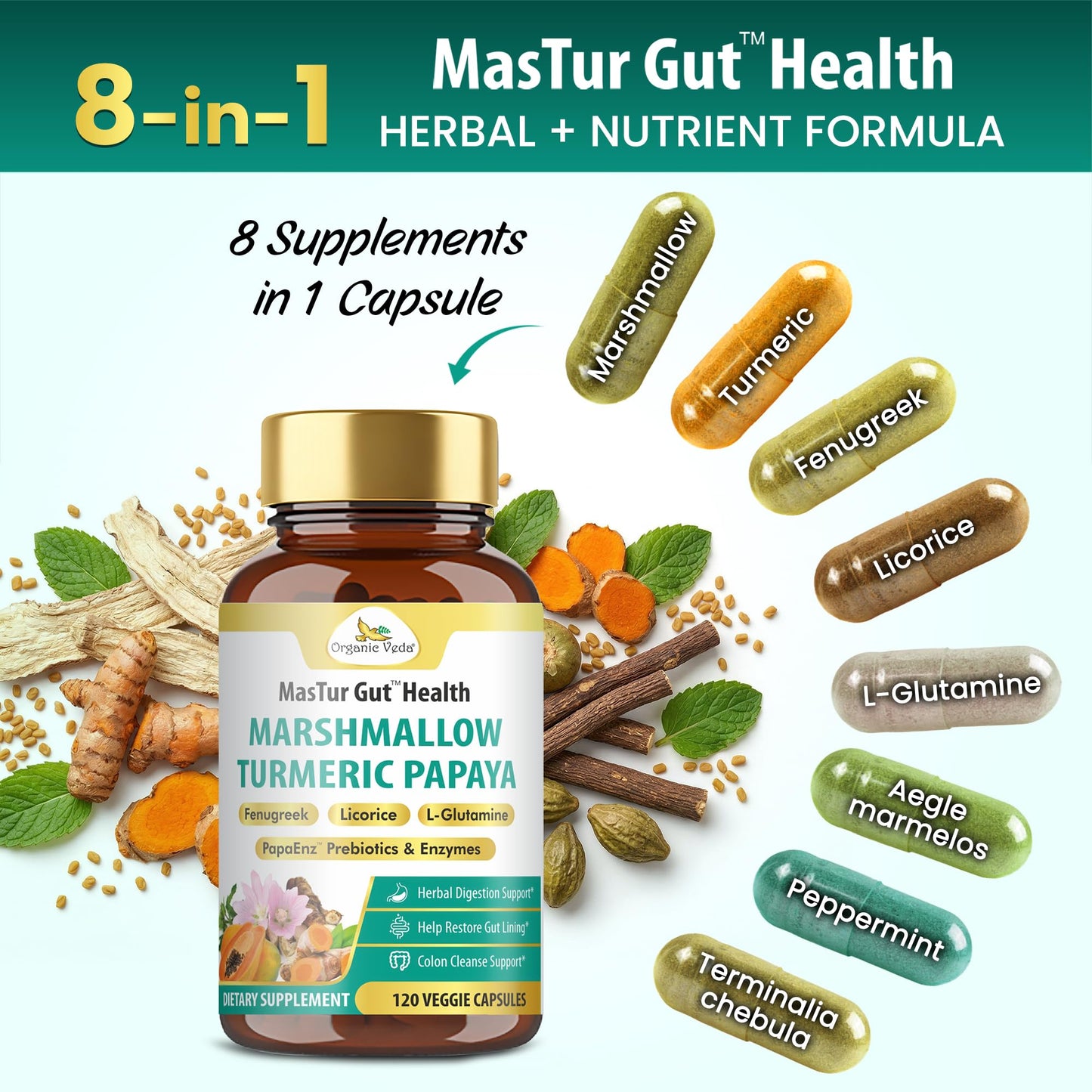 Organic Veda Marshmallow Turmeric MasTur Gut Health Supplement 120 Capsules