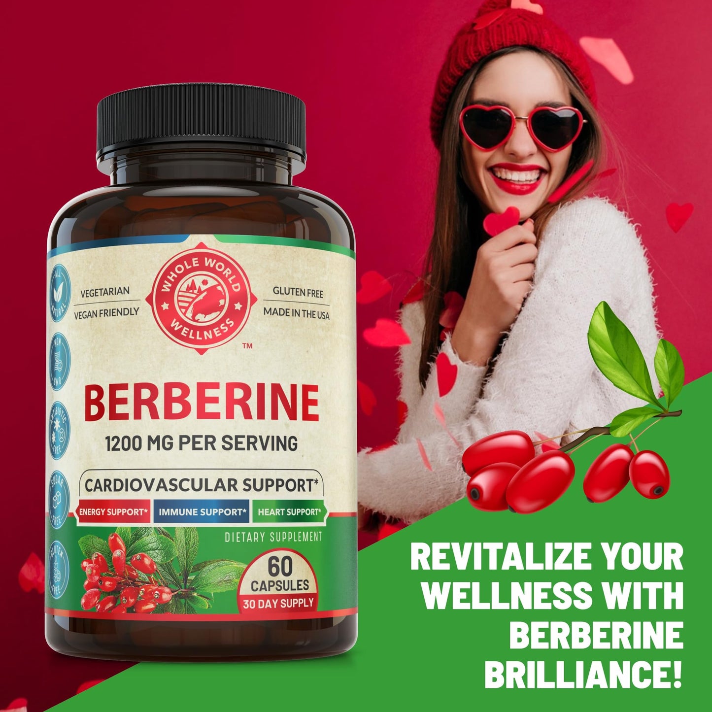 WHOLE WORLD WELLNESS Berberine 1200mg Herbal Health Capsules, 60 Count