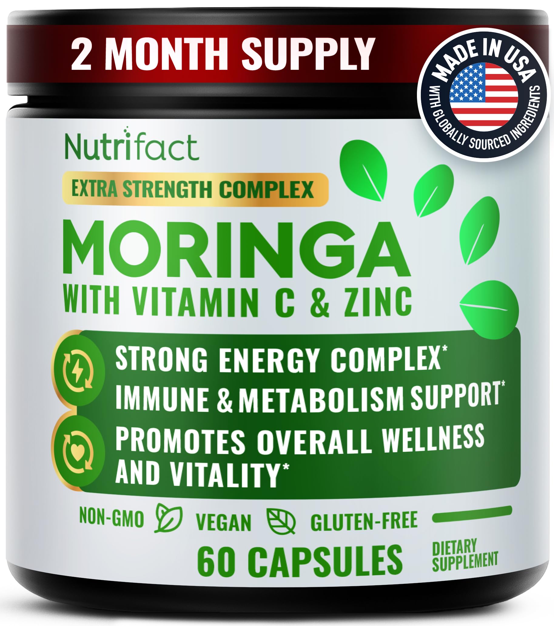 NutriFact Moringa Capsules with Leaf Extract, L-Lysine, Vitamin C & Zinc, 60 Capsules