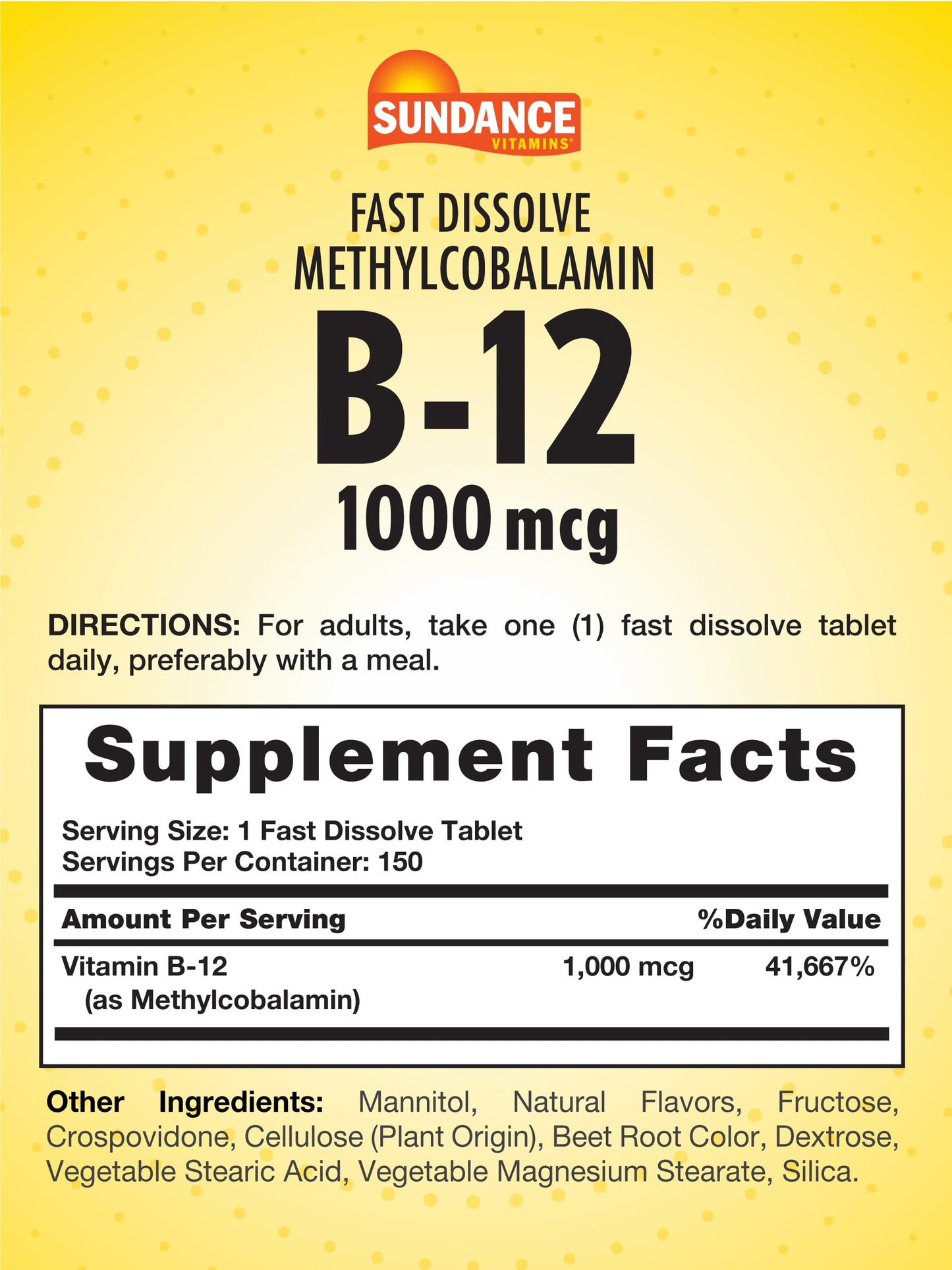 Sundance B-12 Methylcobalamin 1,000 mcg Fast Dissolve Tablets, 150 Count
