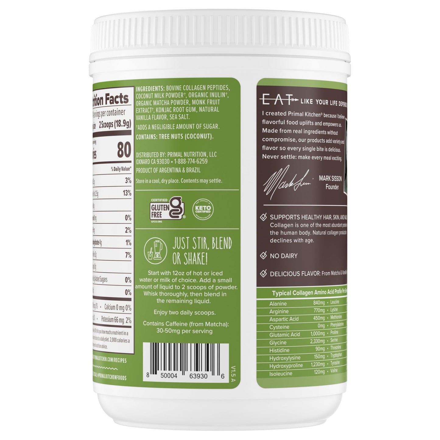 Primal Kitchen Matcha Collagen Keto Latte Powder, 9.33 Ounces