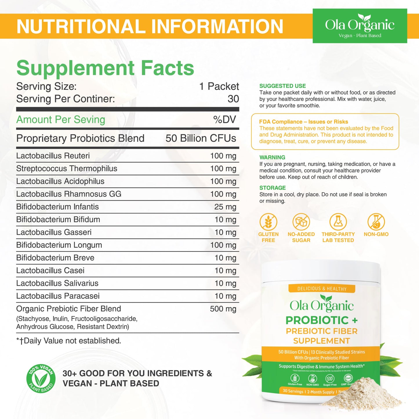 Ola Organic Probiotic Powder with Prebiotics, 10.58 oz