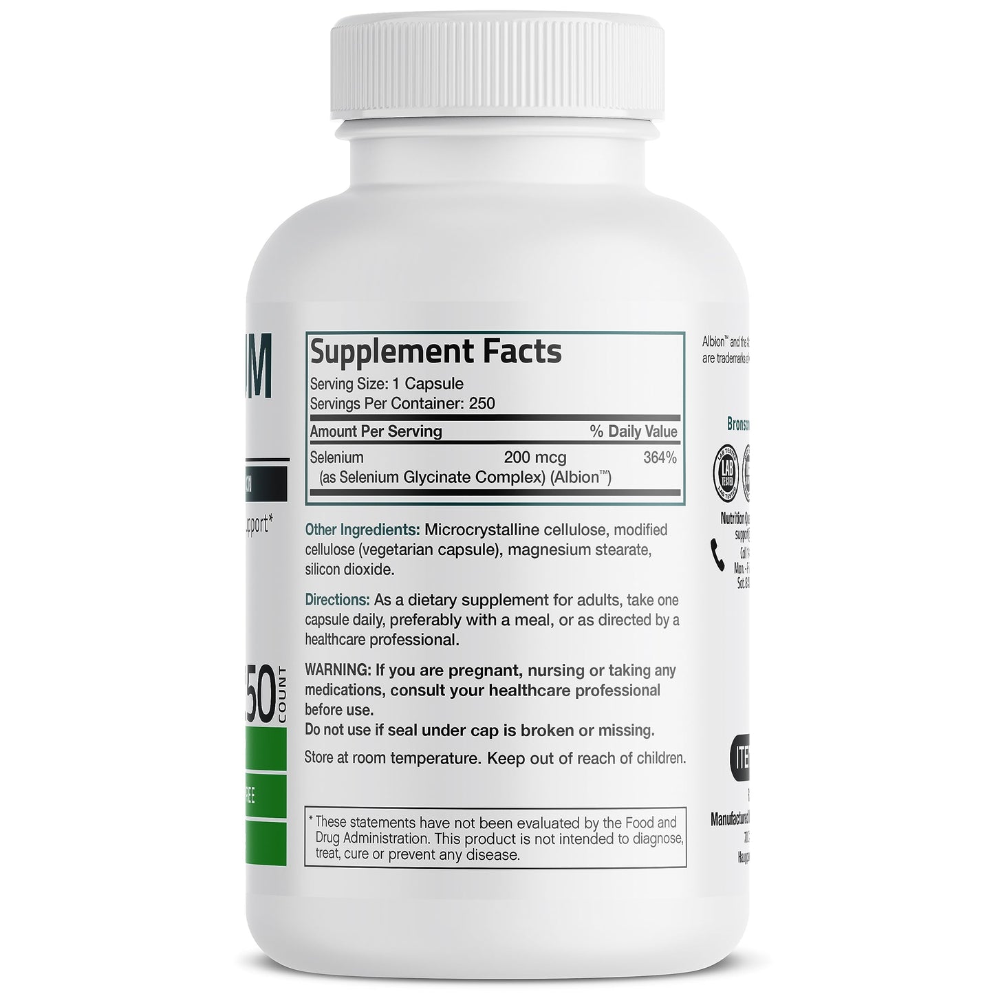 Bronson Selenium 200 mcg Yeast Free Chelated Amino Acid Complex Capsules, 250