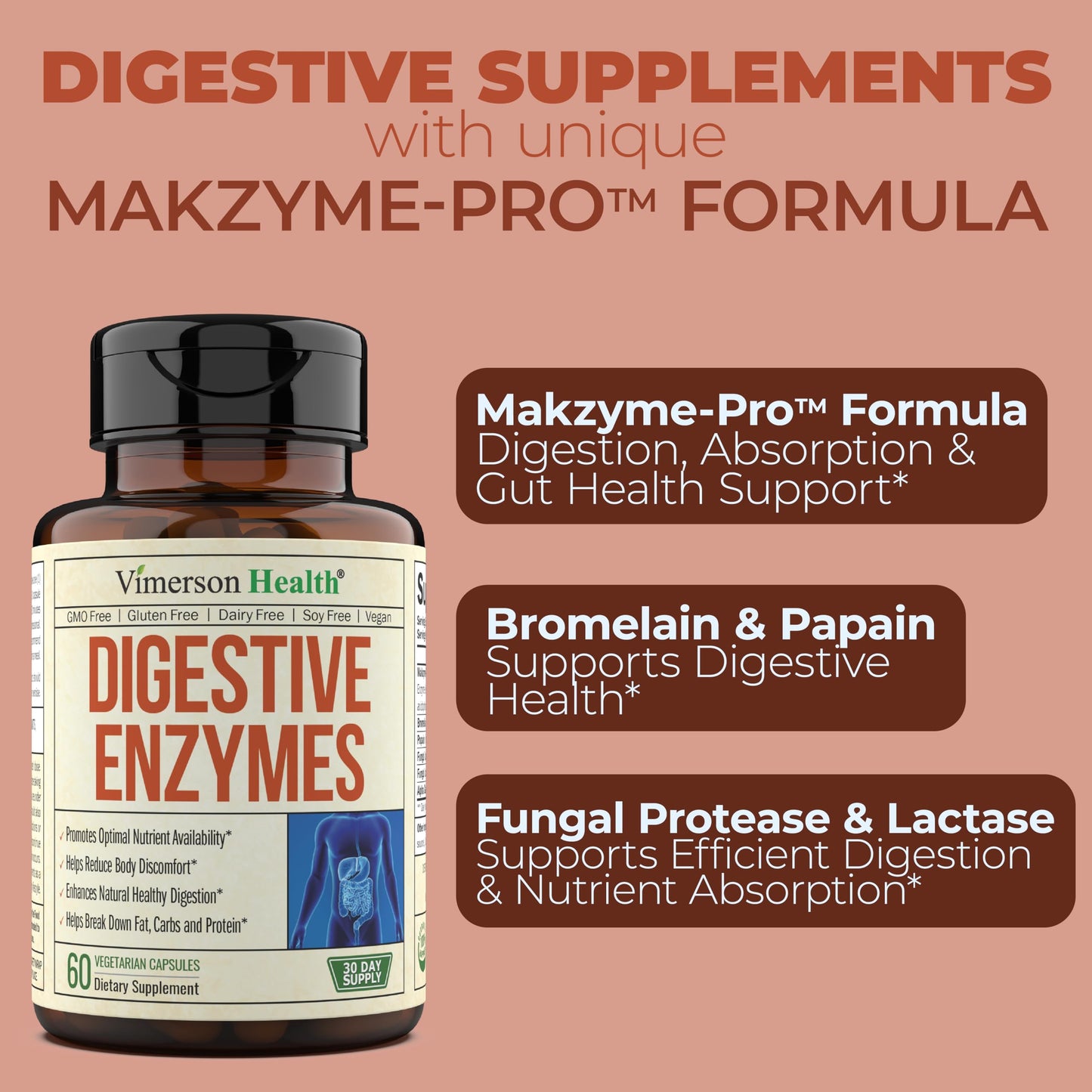 Vimerson Health Digestive Enzymes Probiotic Multi Enzyme (Enzimas Digestivas) with Makzyme-Pro Formula, 60 Capsules