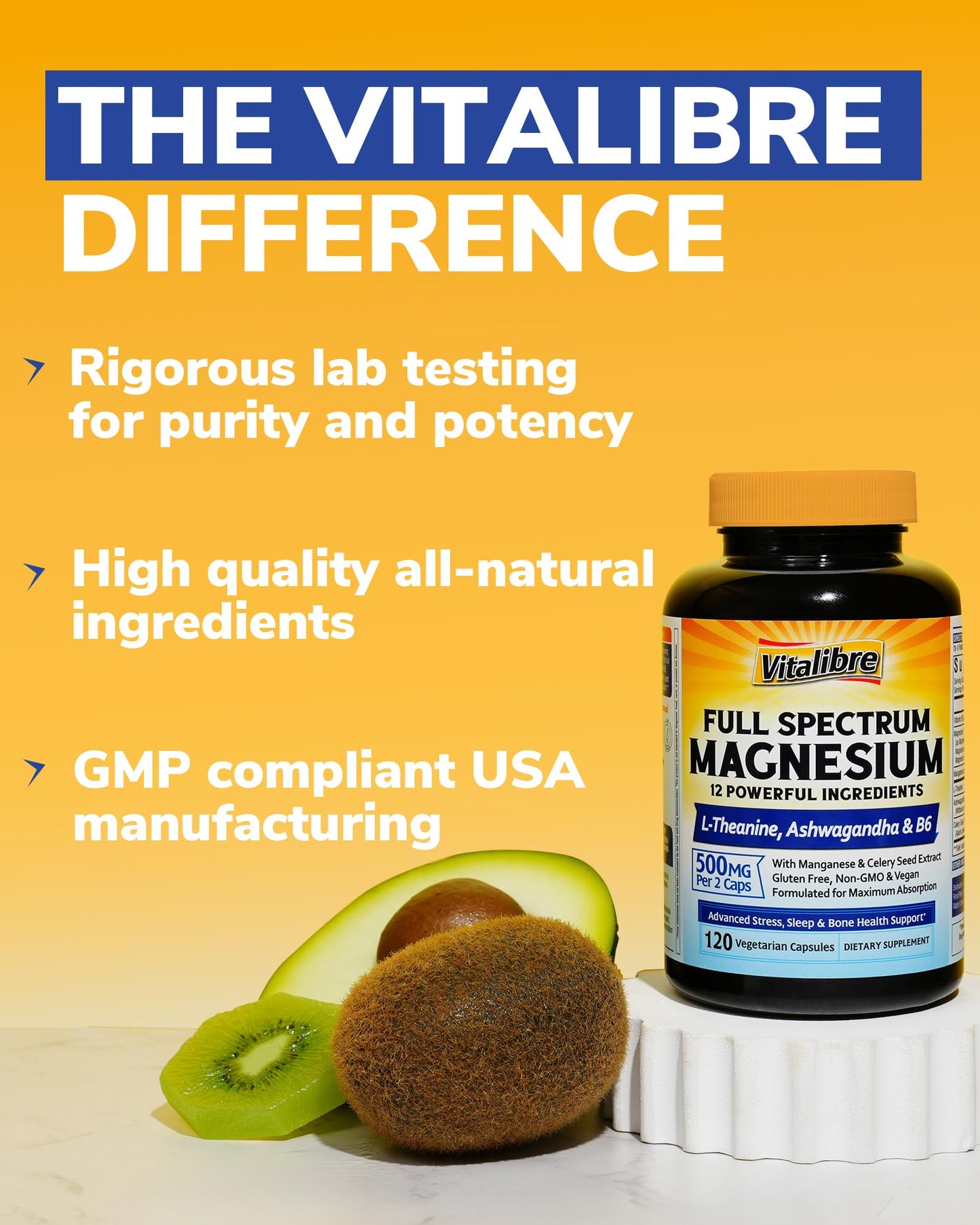 Vitalibre Magnesium Complex Supplement 500mg + Ashwagandha, L-Theanine, Vitamin B6 & Celery, High Absorption Magnesium Glycinate, Citrate, Malate, Sleep & Bone Support, 120 Capsules