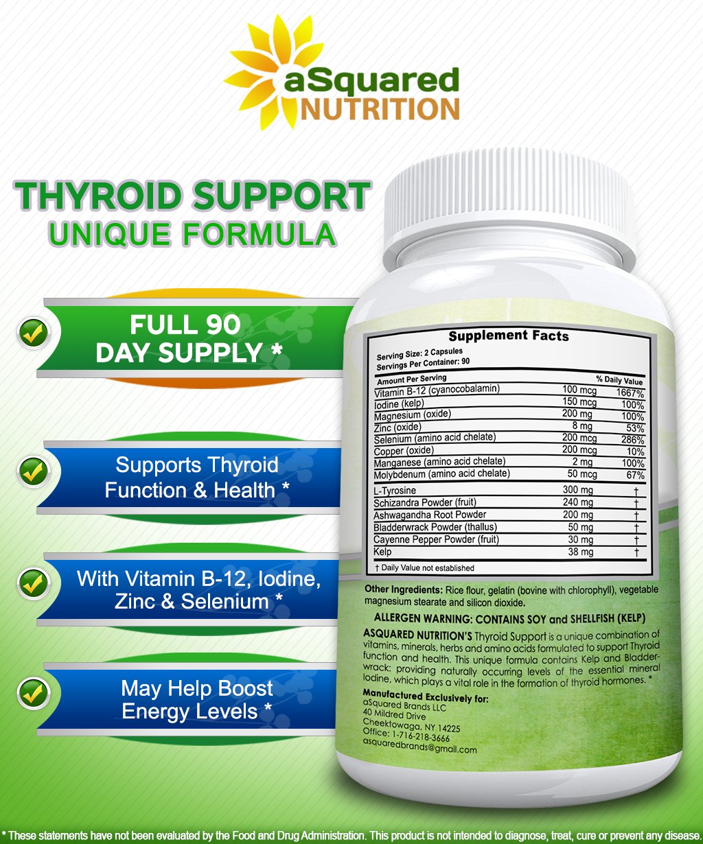aSquared Nutrition Premium Thyroid Support Supplement with Iodine Capsule 180 Count