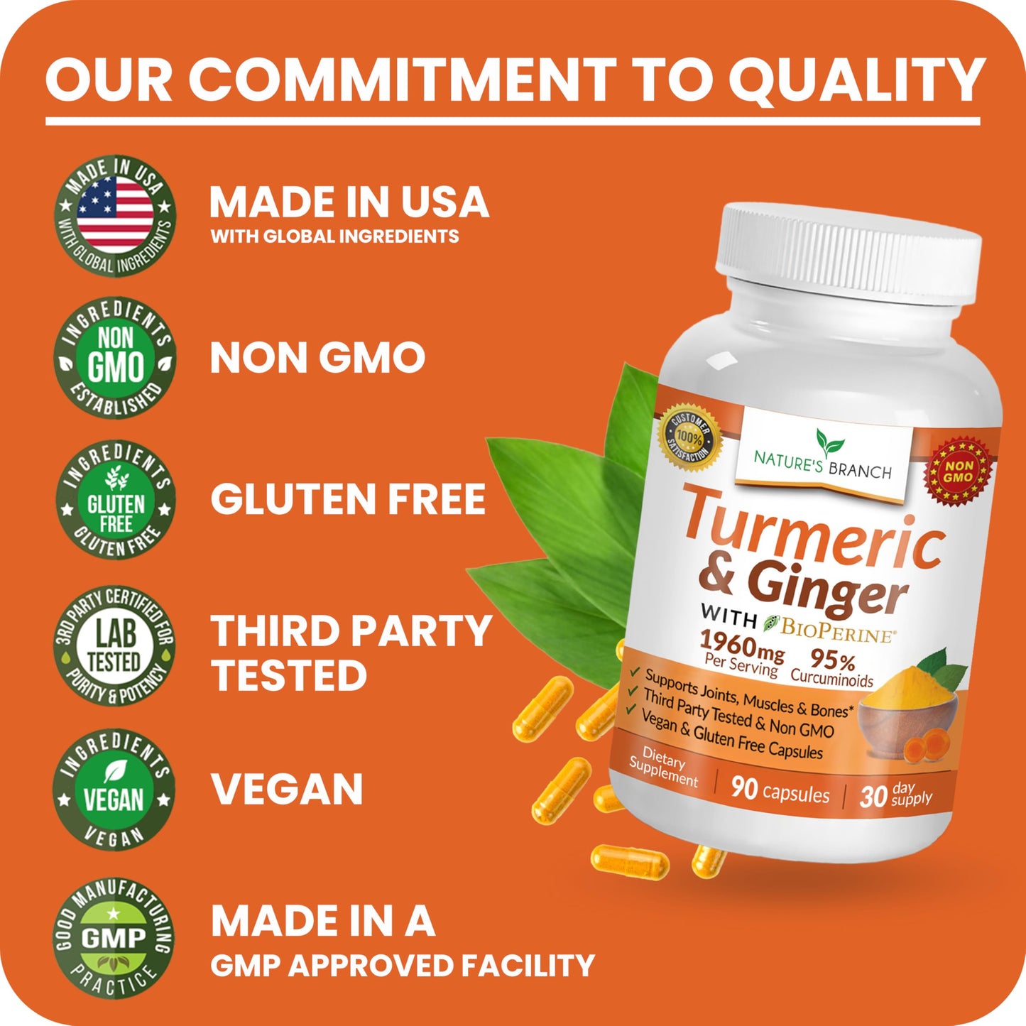 Nature's Branch Turmeric and Ginger Supplement for Joint Support & Digestive Health Capsules, 90 Count