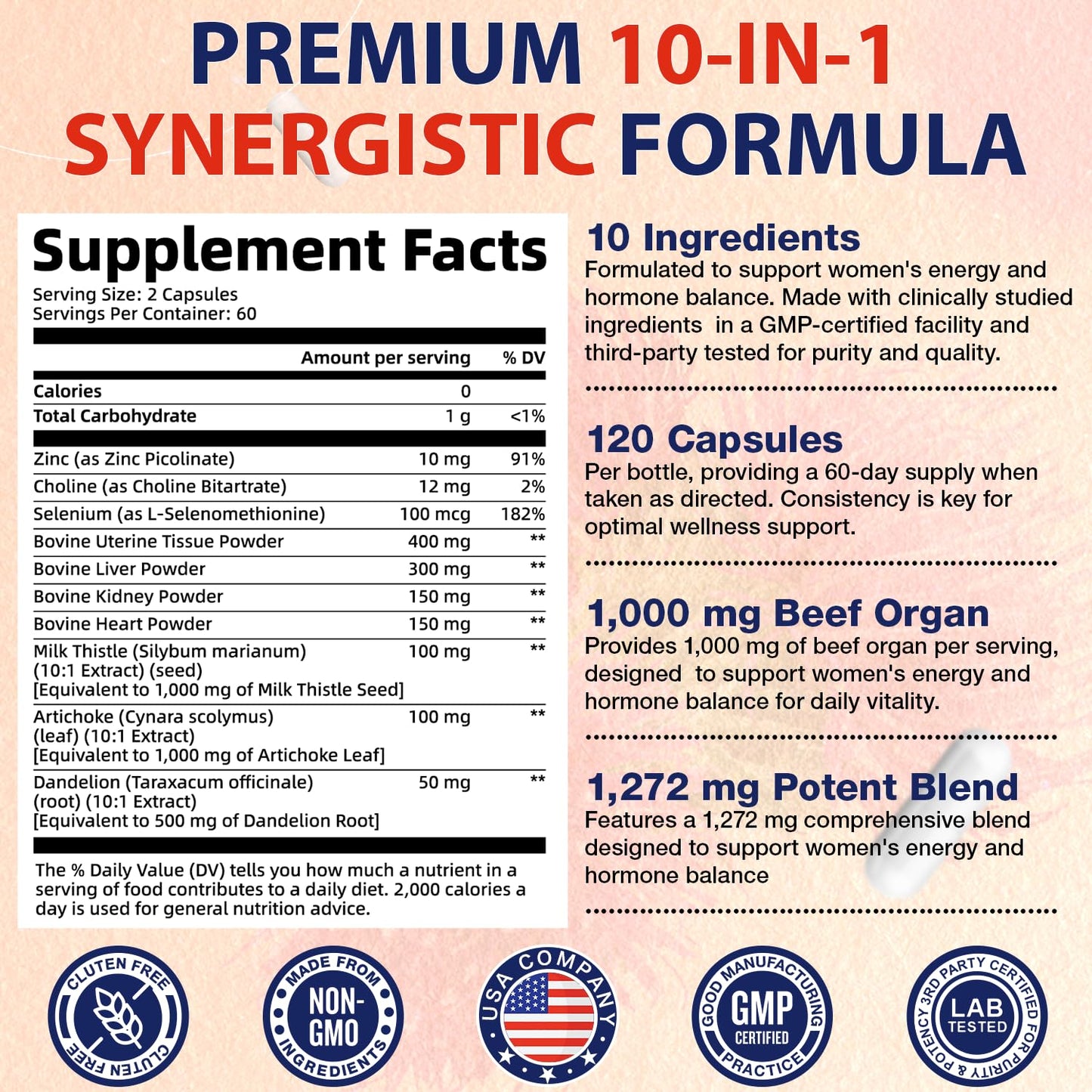 Femmetra Female-Optimized Beef Organ Complex Superfood Supplement, Beef Liver, Kidney, Heart, Uterus & 6 More - Grass-Fed, Pasture-Raised, with Milk Thistle, Balance Hormones, Energy & Women's Wellness, 120 Capsules
