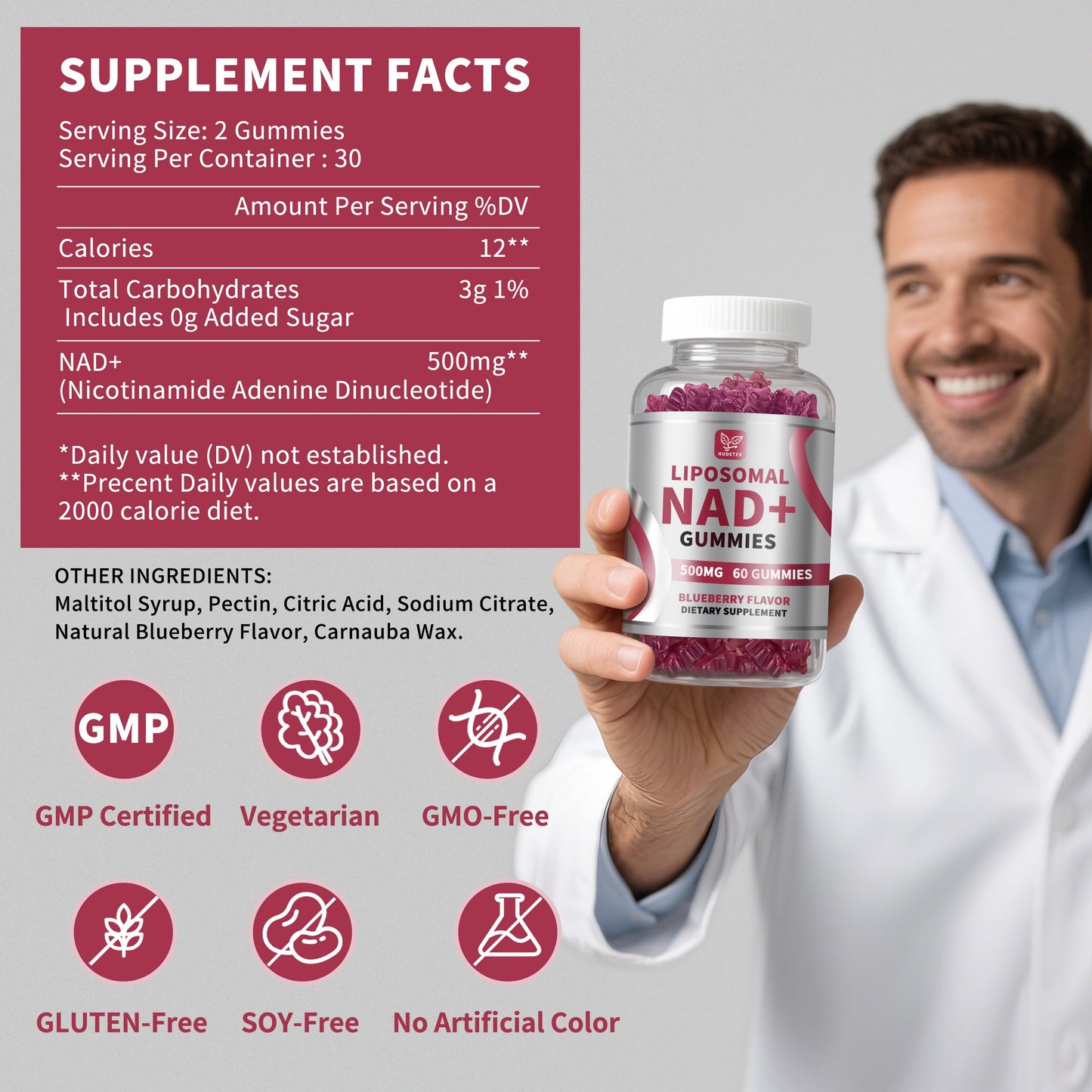 Hudetex NAD Gummies for Women & Men, 500mg Liposomal NAD, Blueberry Flavor, 120 Gummies