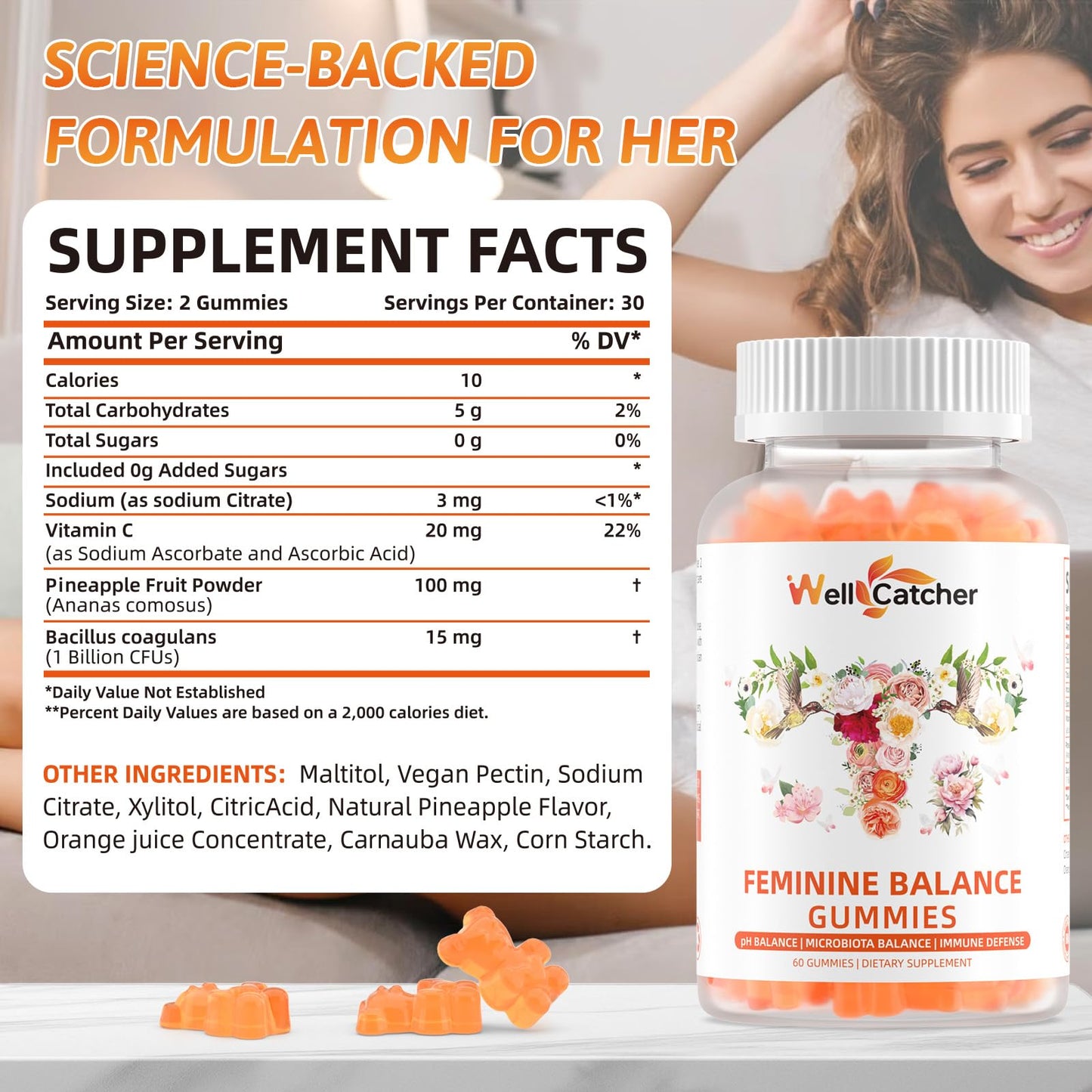 Wellcatcher Premium Feminine Balance Gummies for Women, 60 Count
