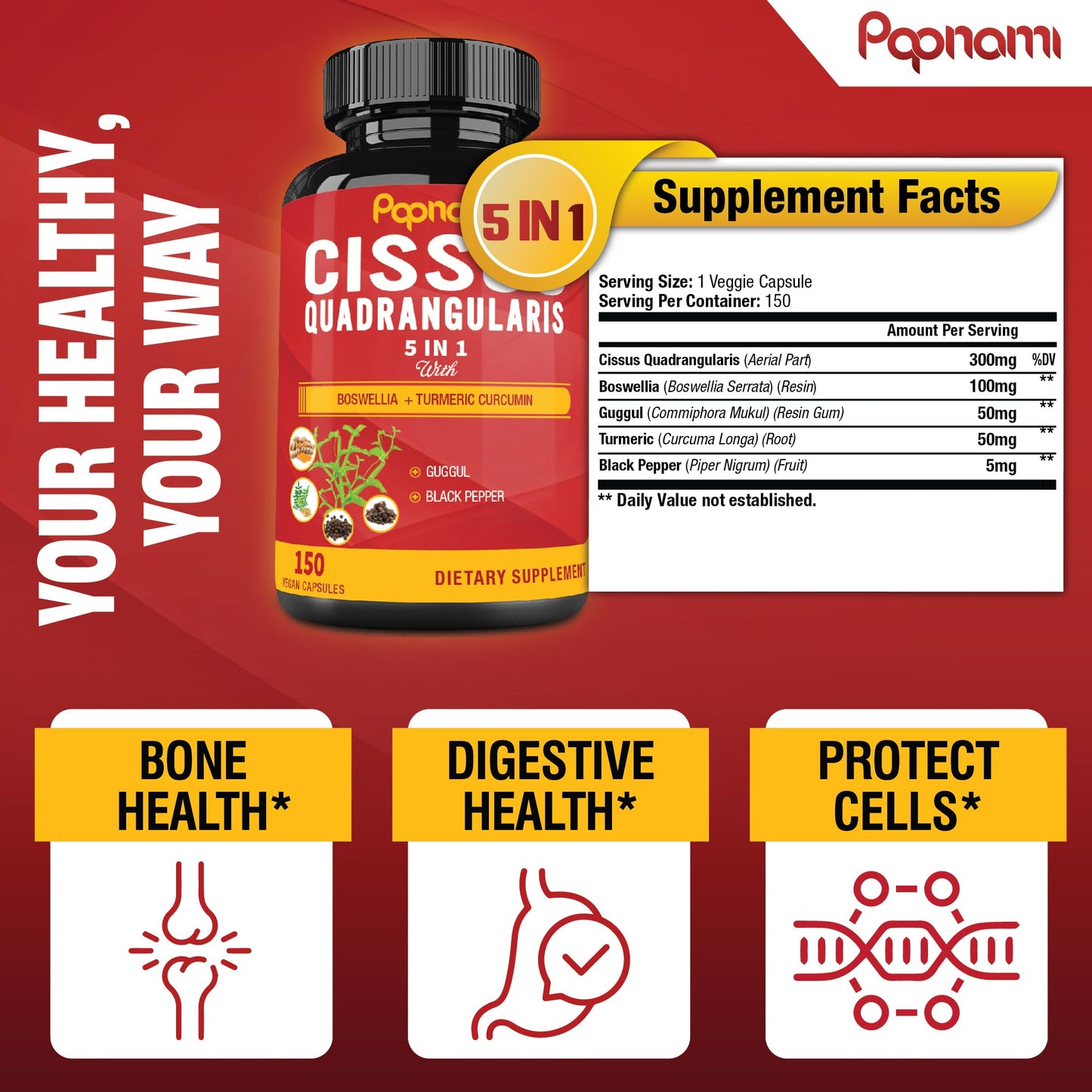 Papnami Cissus Quadrangularis Capsules with Boswellia, Guggul, Turmeric, Black Pepper Extract, 150 Capsules