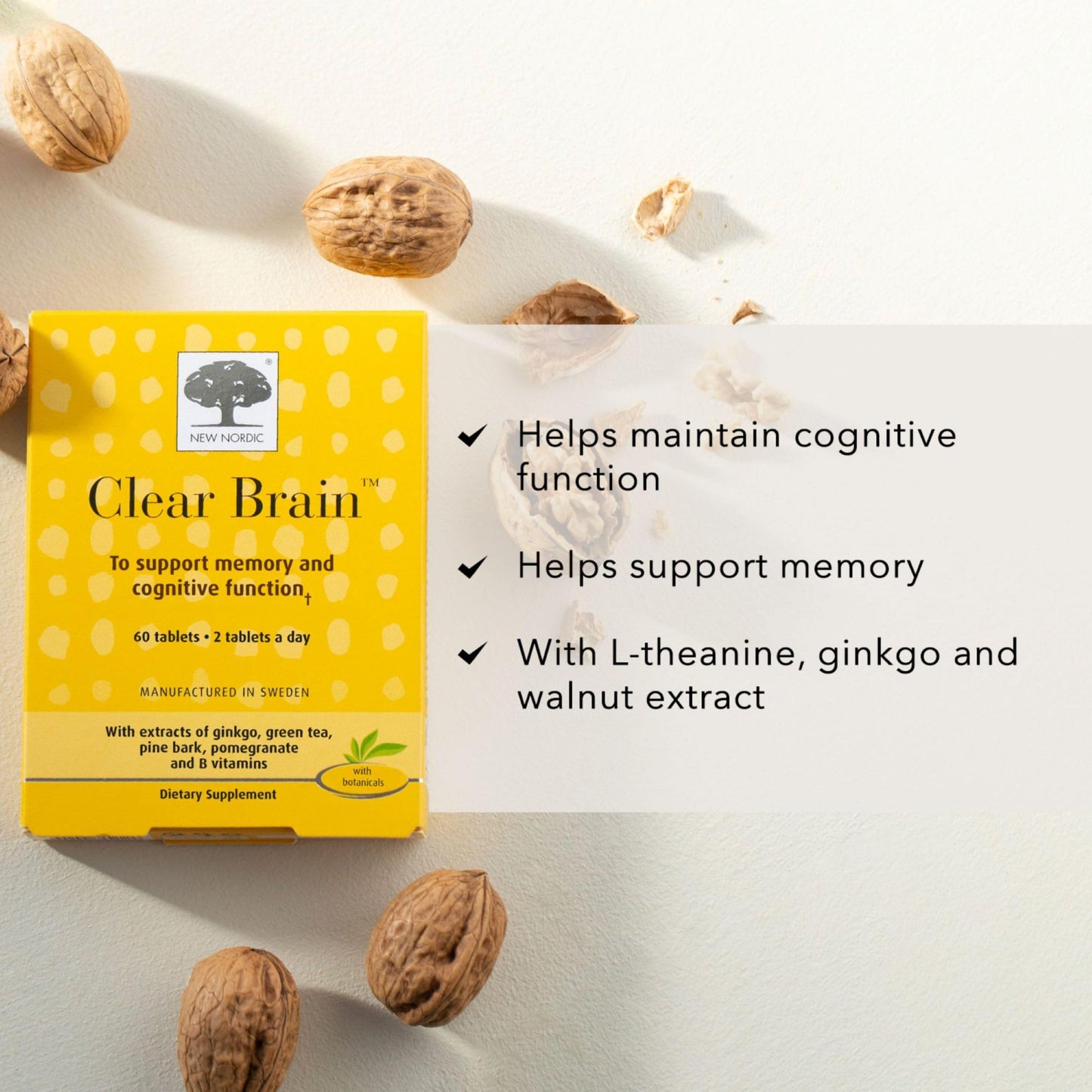 New Nordic Clear Brain Tablets, Supports Normal Cognitive Health and Memory with Green Tea and Walnut, 60 Tablets