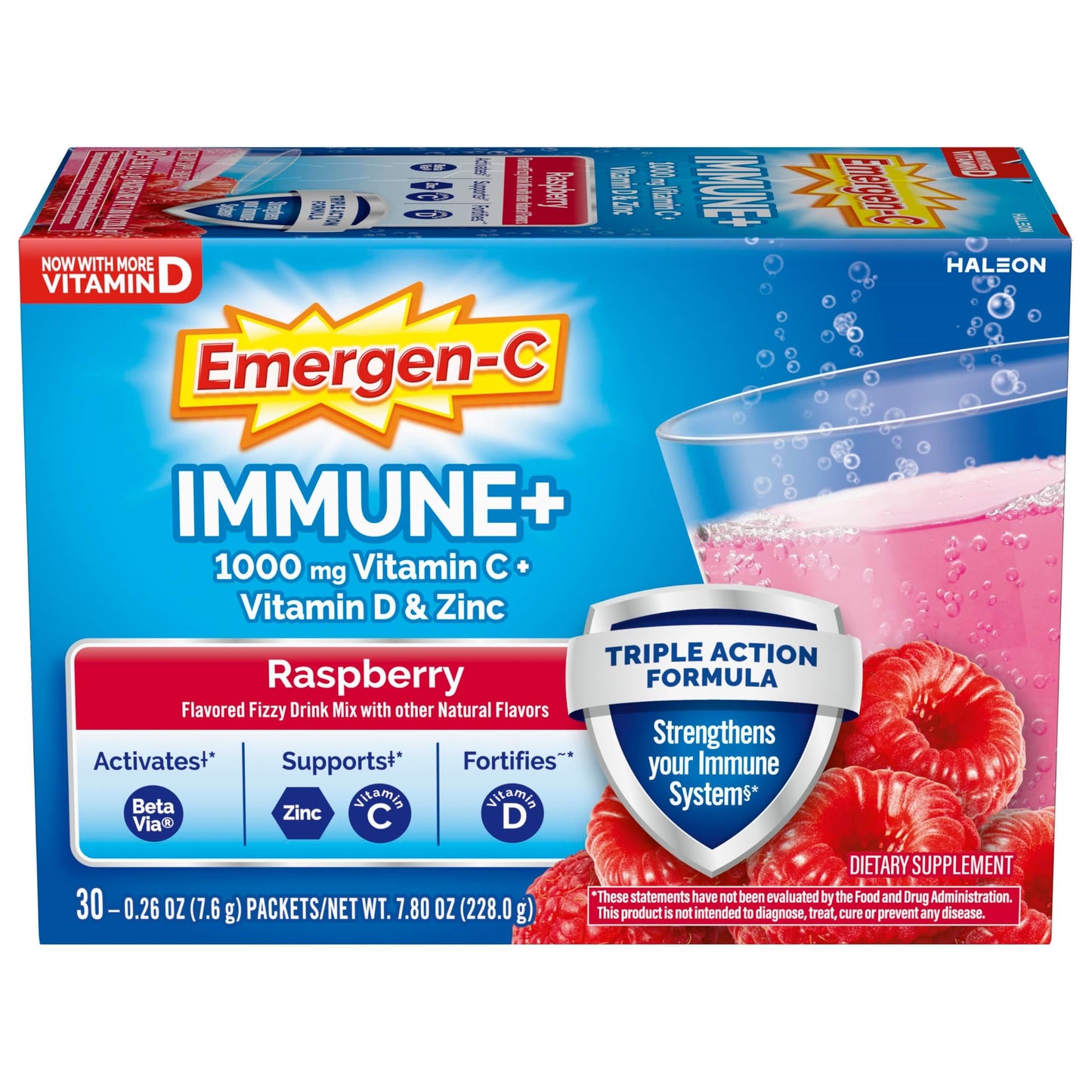 Emergen-C Immune+ Triple Action Immune Support Powder, Raspberry – 30 Count