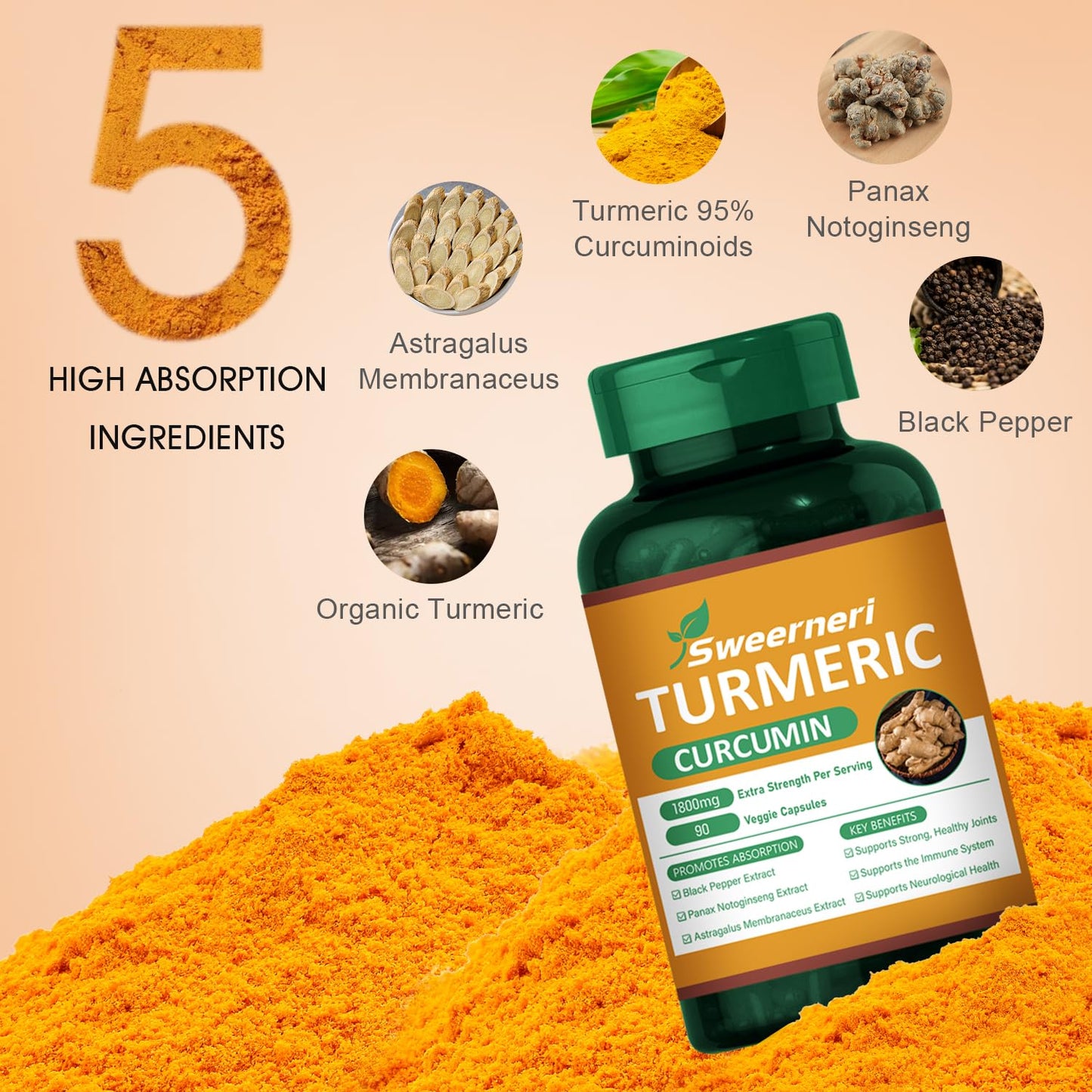 Sweerneri Turmeric Curcumin 1800mg with 95% Curcuminoids & Black Pepper – High Absorption Formula for Joint, Inflammation & Immune Support – Extra Strength, Vegan, Non-GMO – 90 Capsules