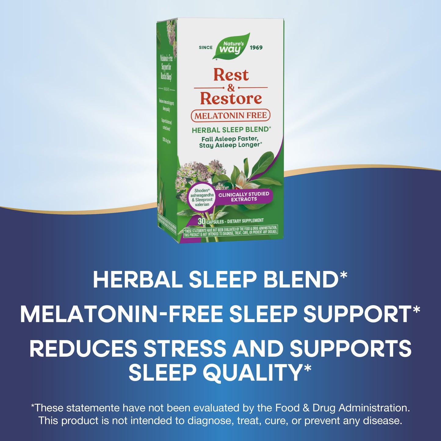 Nature's Way Rest & Restore Melatonin-Free Sleep Supplement with Ashwagandha and Valerian, Vegan, 30 Capsules