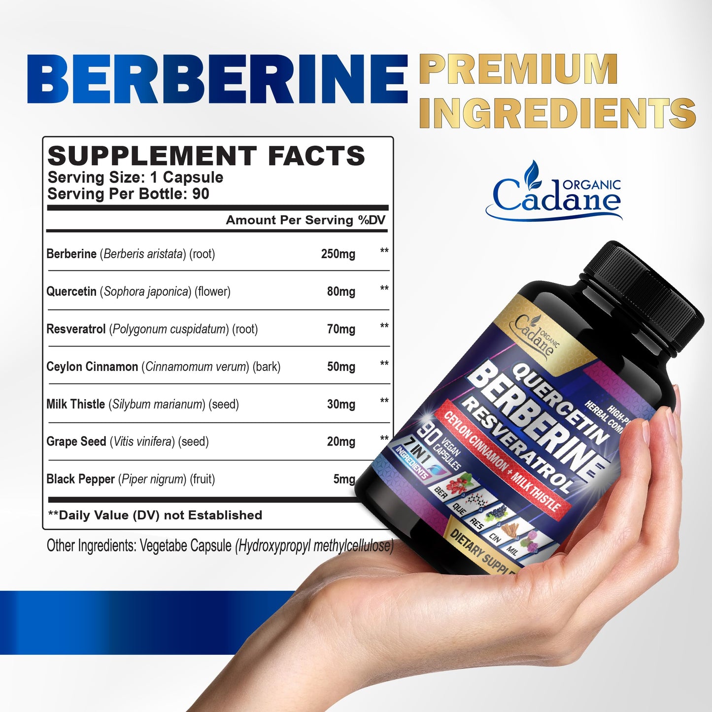 Organic Cadane 7in1 Pure Berberine Supplement with Quercetin, Ceylon Cinnamon, Resveratrol, Milk Thistle, Grape Seed, and Black Pepper, 90 Capsules
