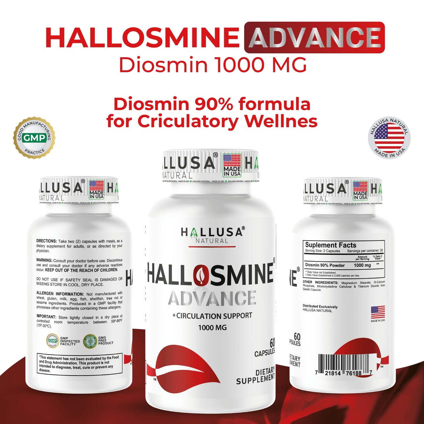 Hallusa Natural Hallosmine Advance 1000mg Diosmin, 180 Capsules