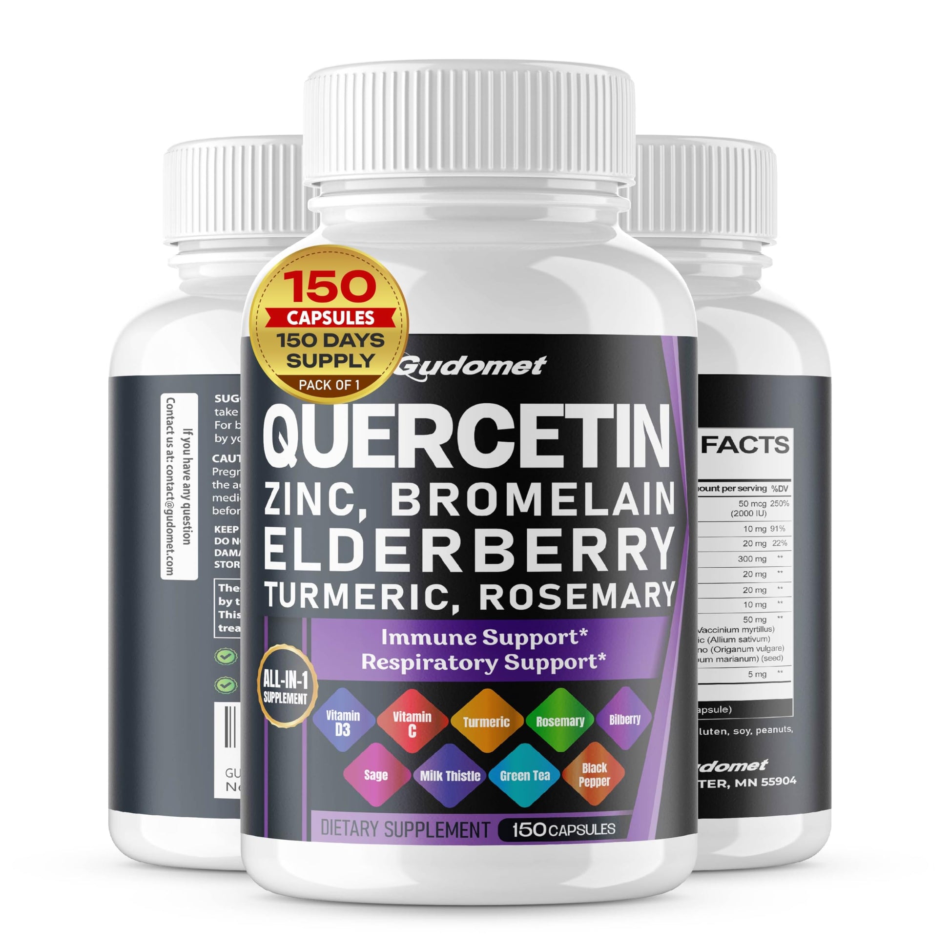 GUDOMET Quercetin Bromelain Zinc Vitamin D3 Elderberry Turmeric Rosemary Bilberry Sage Odorless Garlic Green Tea Milk Thistle Oregano Capsules, 150 Count