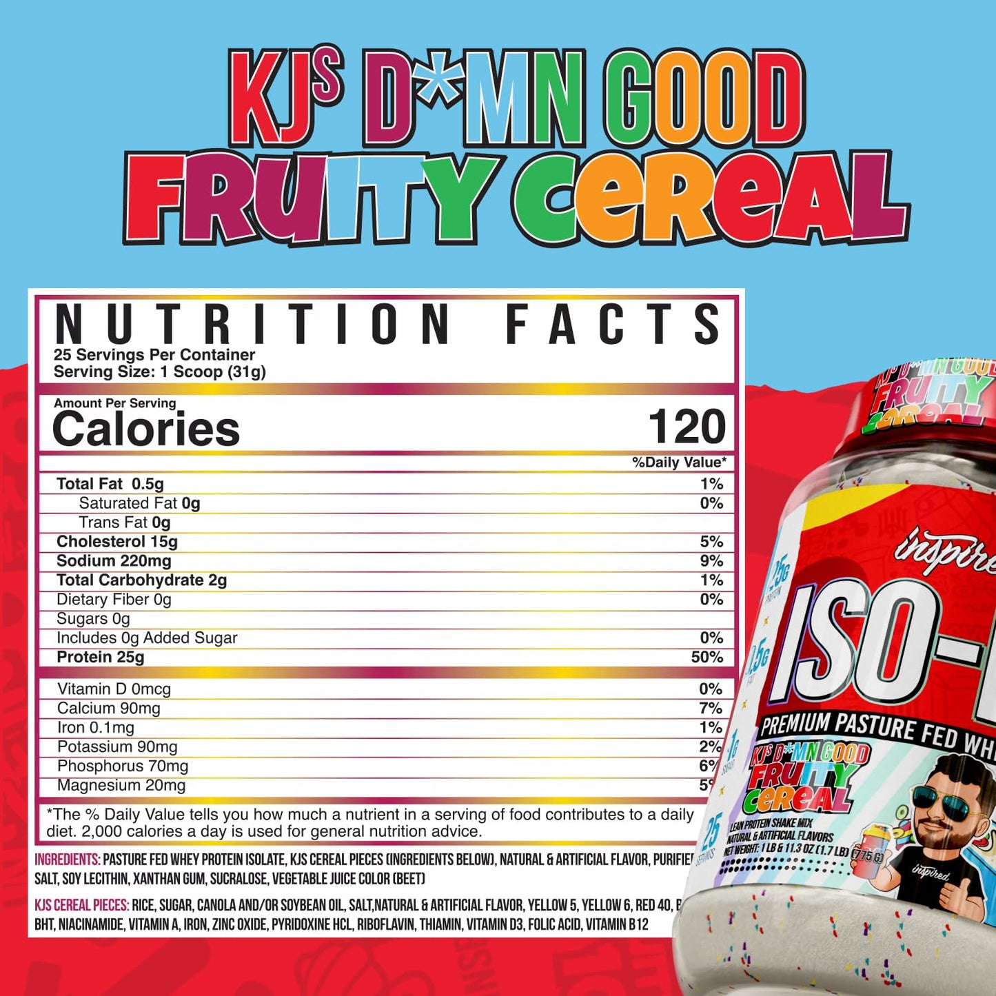 Inspired Nutraceuticals ISO-PF Grass Fed Whey Protein Isolate Powder, Free from Hormones, GMOs and Antibiotics, Fruity Cereal, 27.5 oz