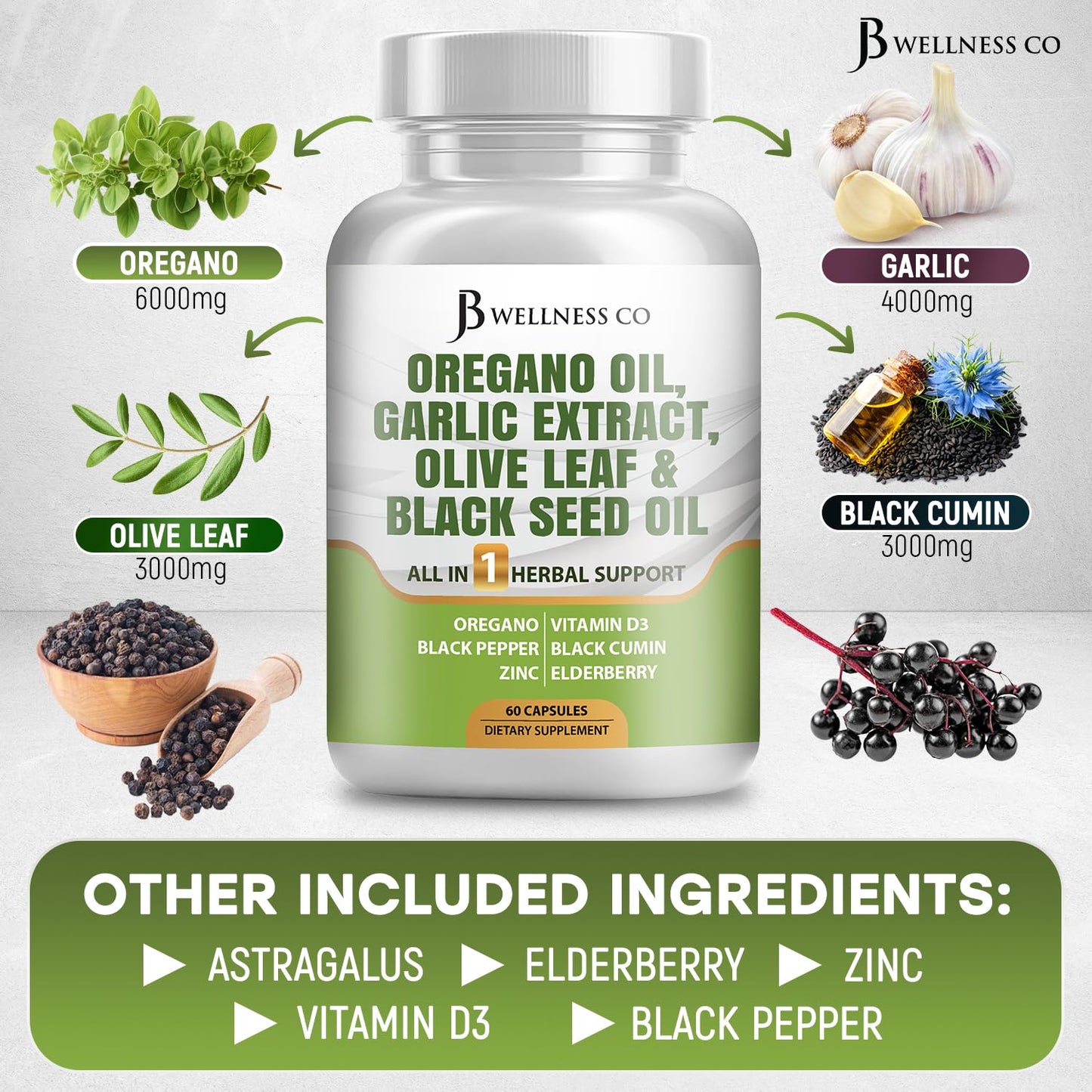 JB Wellness Co Oregano Oil, Garlic Extract, Olive Leaf with Astragalus Immune Support & Digestive Health Capsule, 180 Capsules