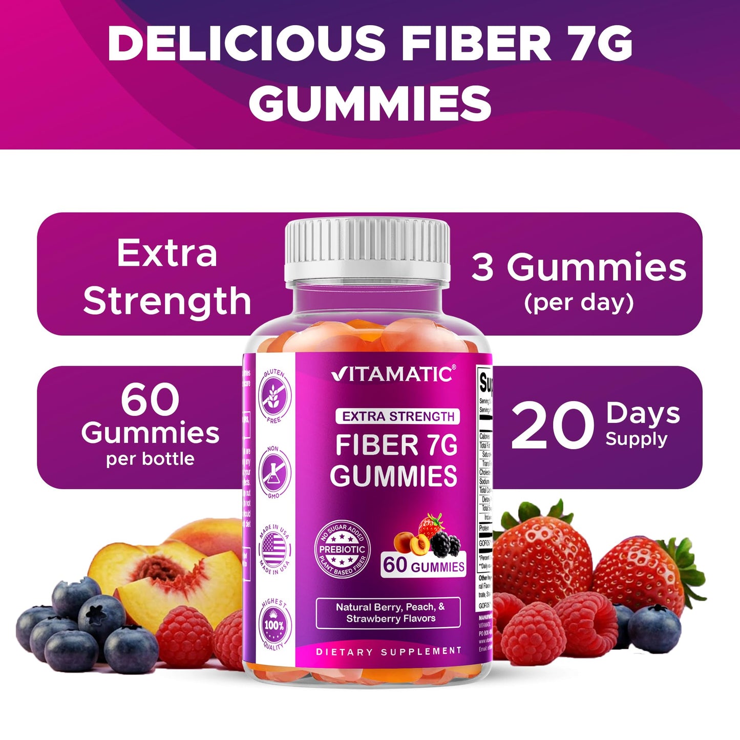 Vitamatic Prebiotic Fiber Gummies for Adults 120 Count