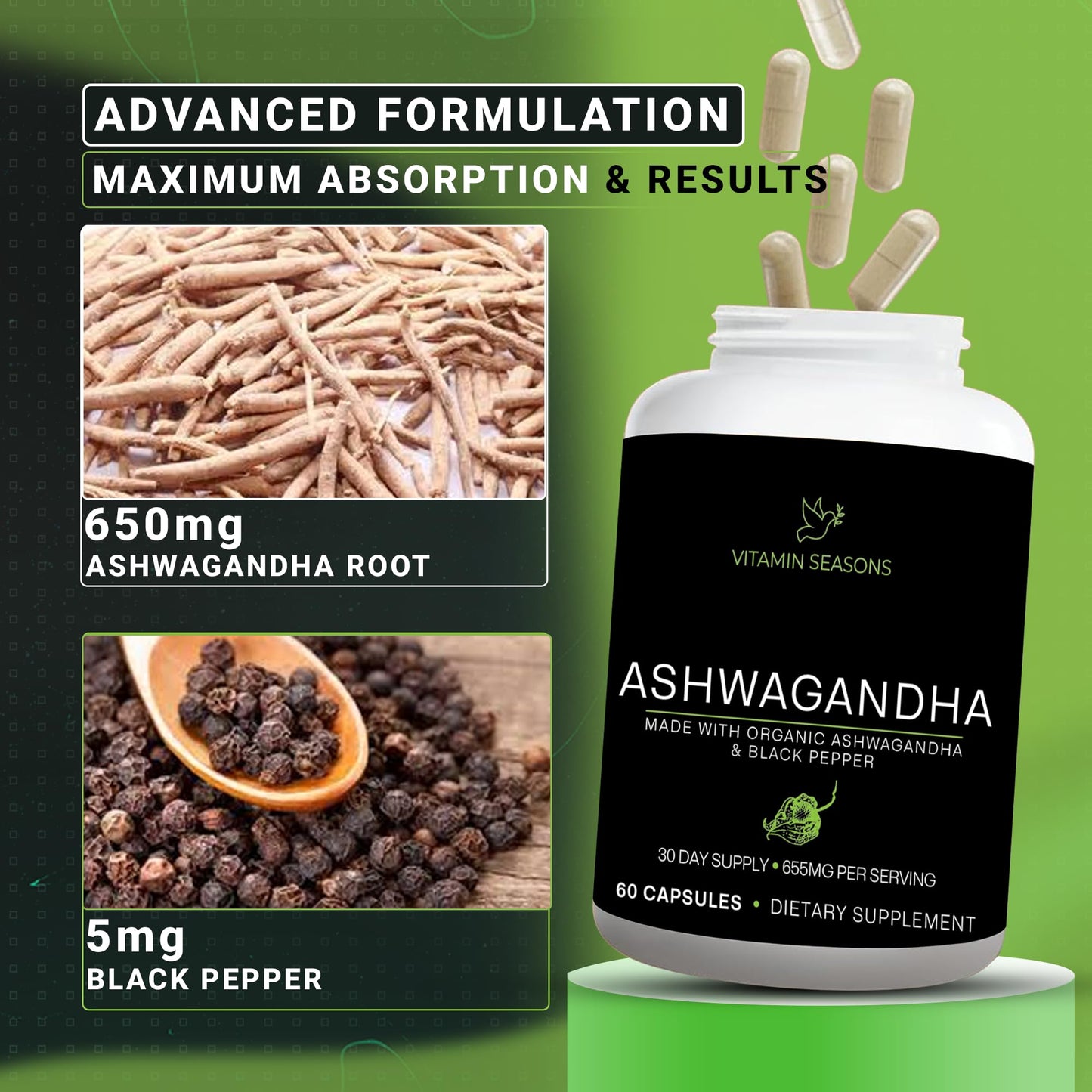 VITAMIN SEASONS Ashwagandha Capsules 60 Count