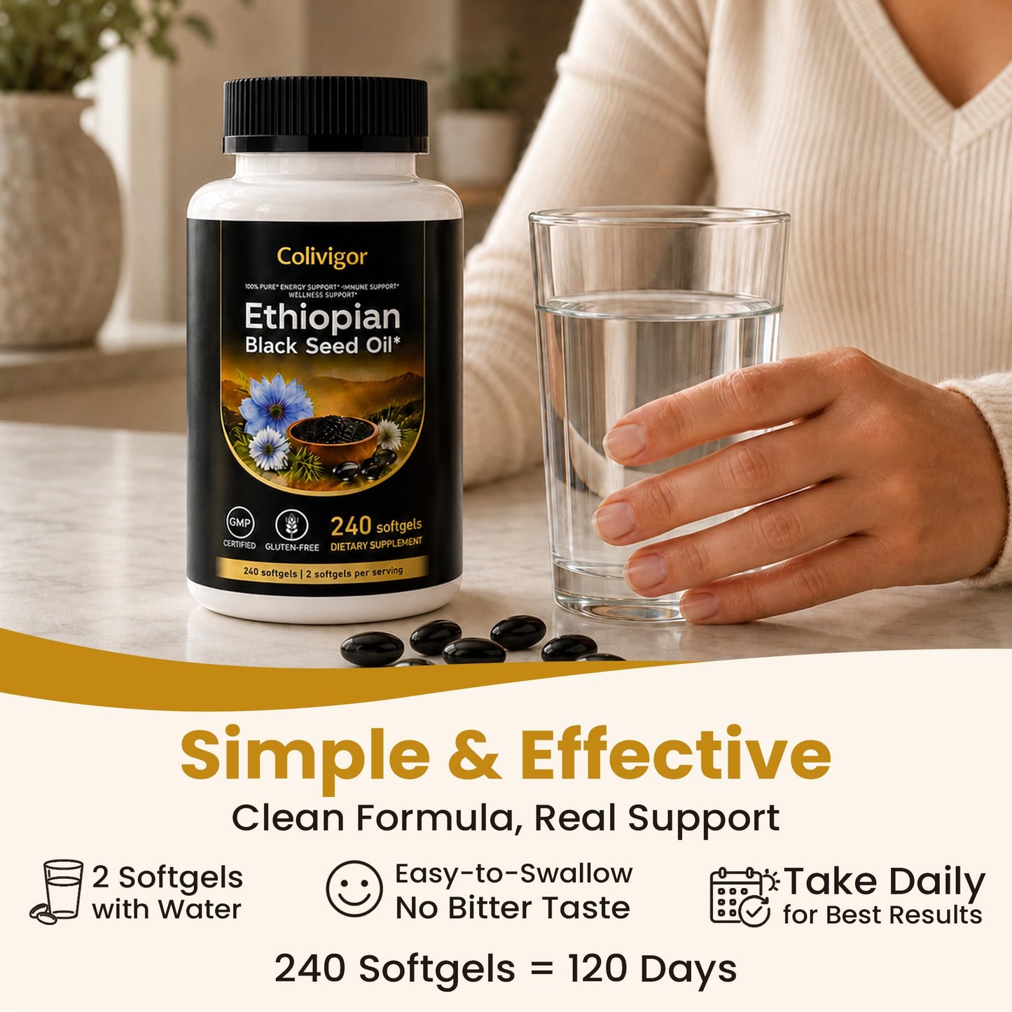 Colivigor Ethiopian Black Seed Oil 800mg Softgels, 240 Count