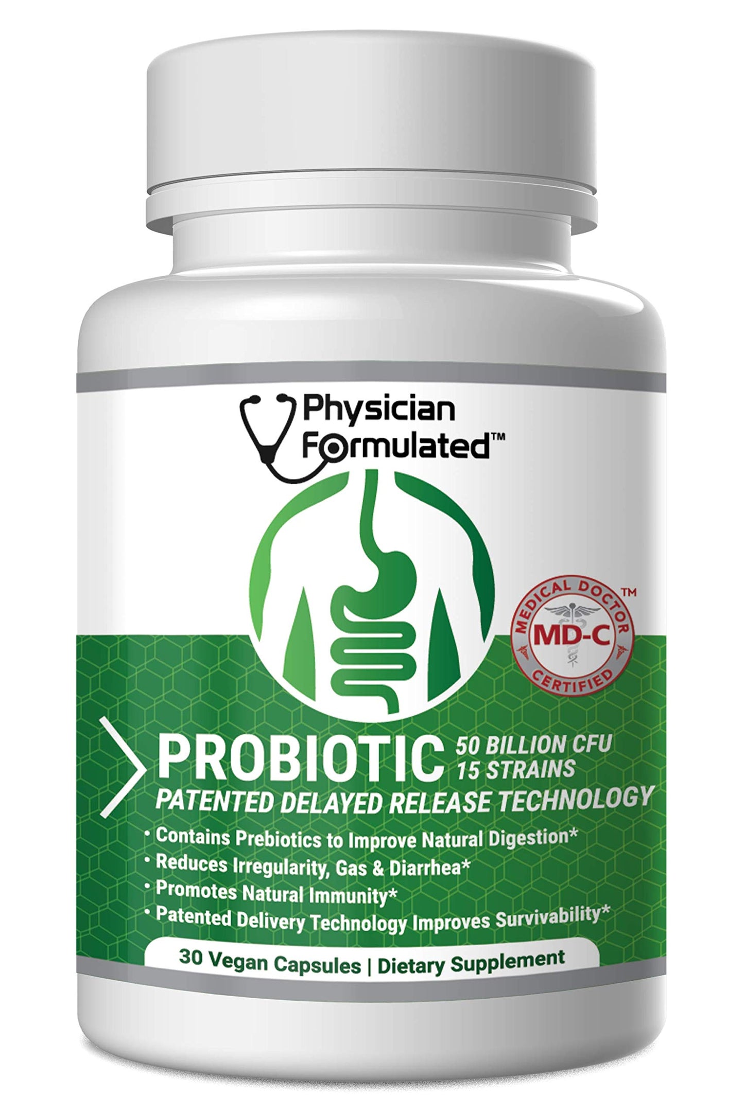 Physician Formulated Probiotics for Women & Men - 50 Billion, 15 Strains Slow Release DR Capsules & Prebiotics to Improve Digestive Health, Immune Support, 30 Capsules