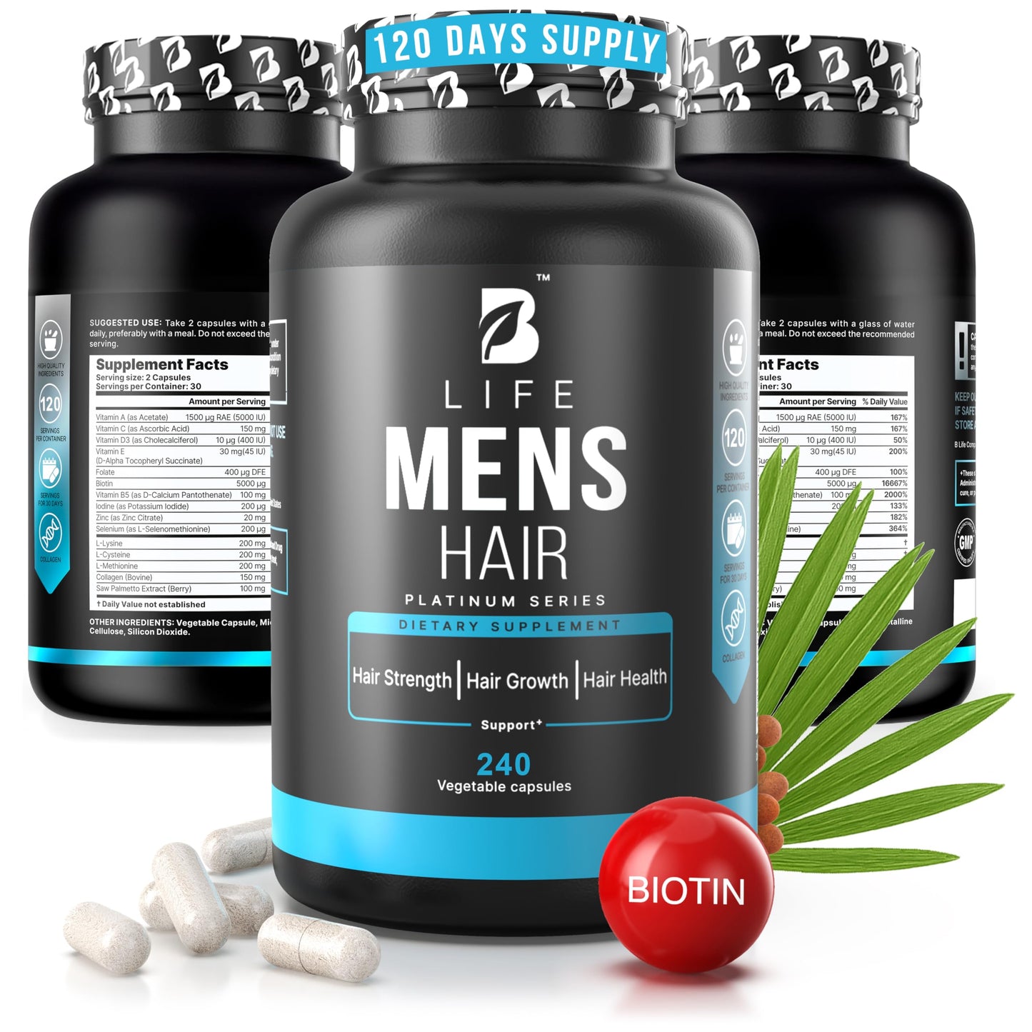 B Life Company Men’s Hair Growth Supplement – Biotin & Collagen Hair Vitamins for Men – Hair Loss Supplement with Zinc, Selenium & Vitamins A C D E – 240 Capsules
