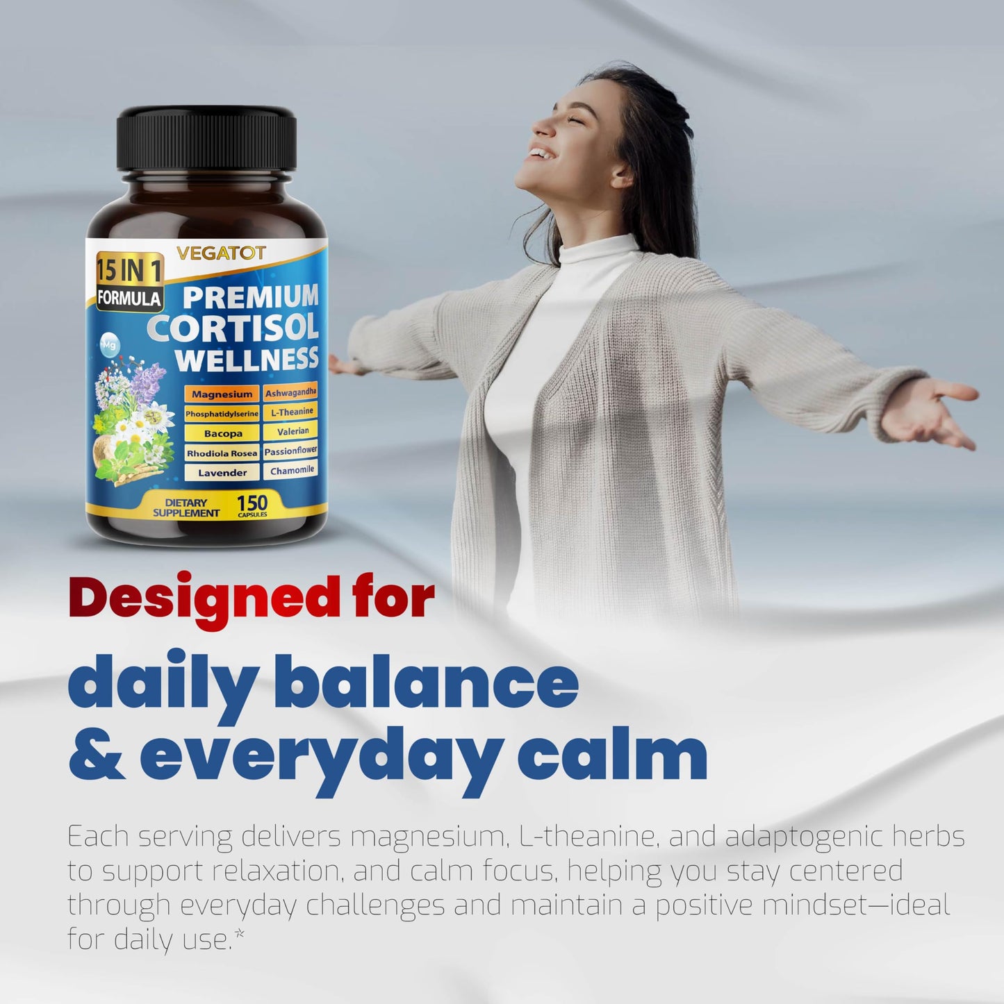 VEGATOT Organic Cortisol Wellness Complex 15-in-1 Formula with Magnesium Ashwagandha St. John's Wort Valerian Rhodiola Rosea Passionflower Chamomile Capsules, 150 Count