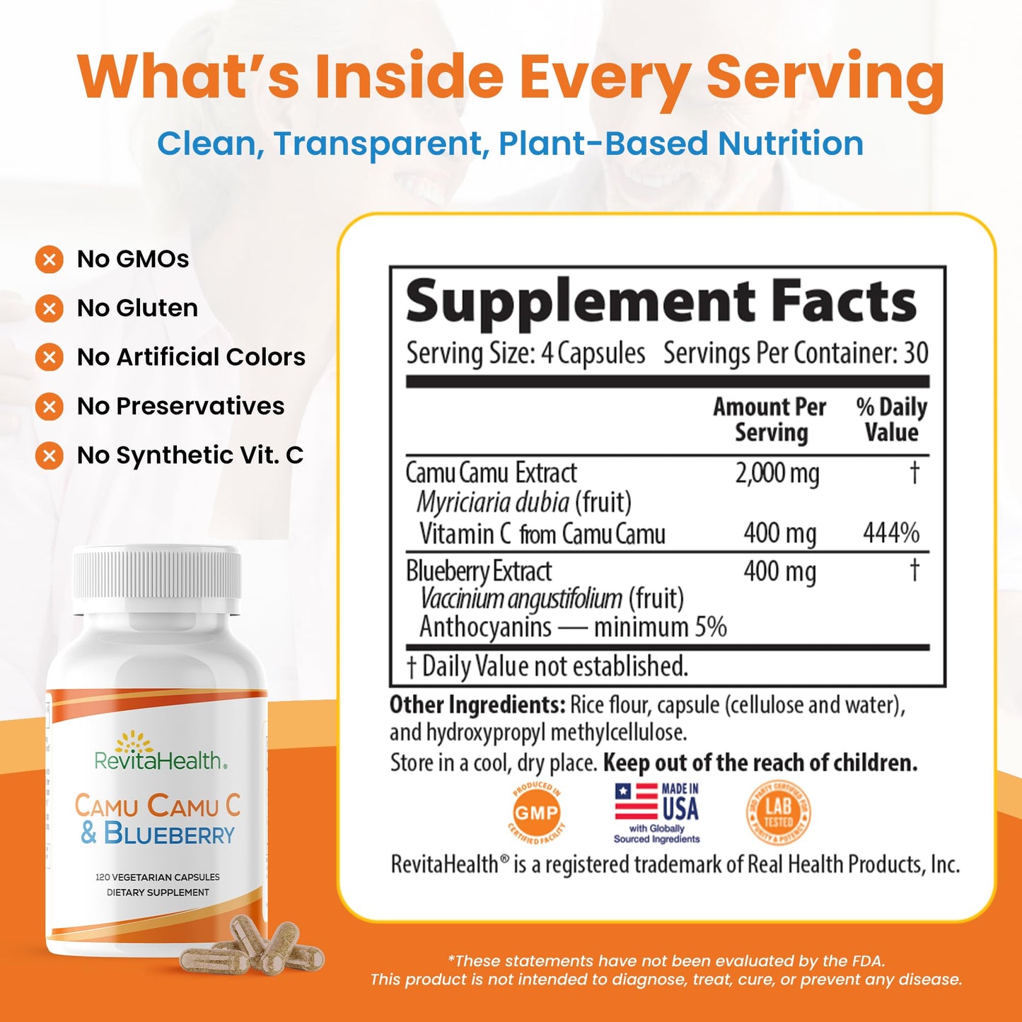 REVITAHEALTH Camu Camu Vitamin C Supplements with Blueberry Extract 120 Capsules