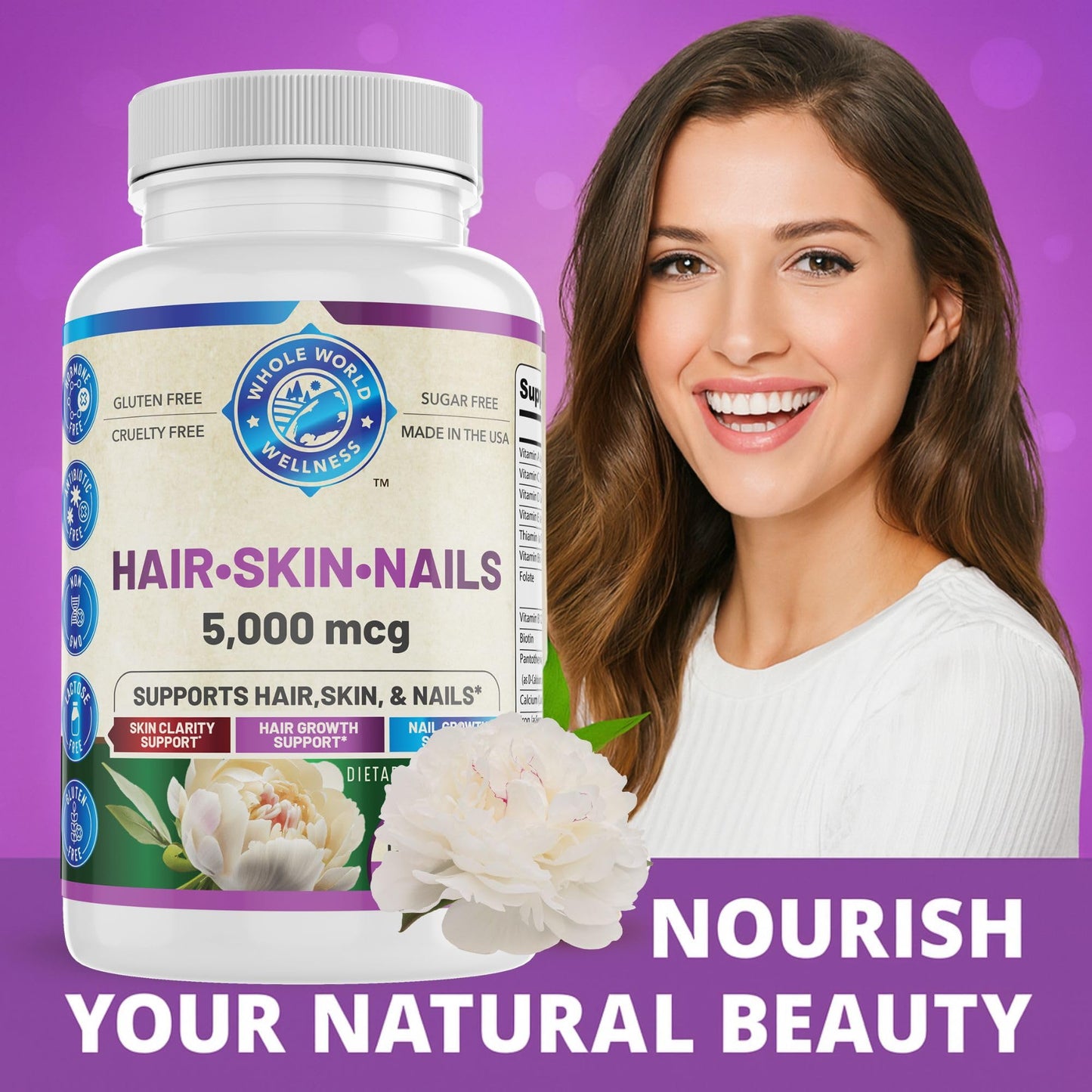 WHOLE WORLD WELLNESS Healthy Hair Skin and Nails Biotin 5000mcg, 60 Capsules