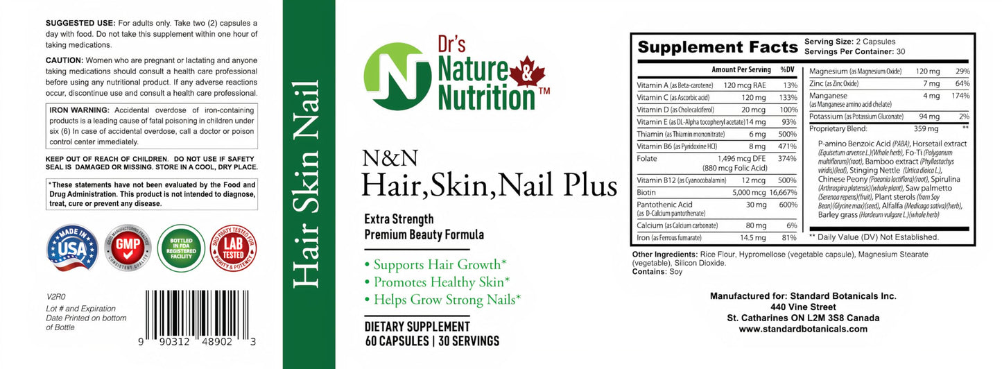 Dr's Nature & Nutrition Hair, Skin & Nail Plus Vitamin Supplement with Biotin 5000mcg, Bamboo Extract, Collagen Support, 60 Capsules