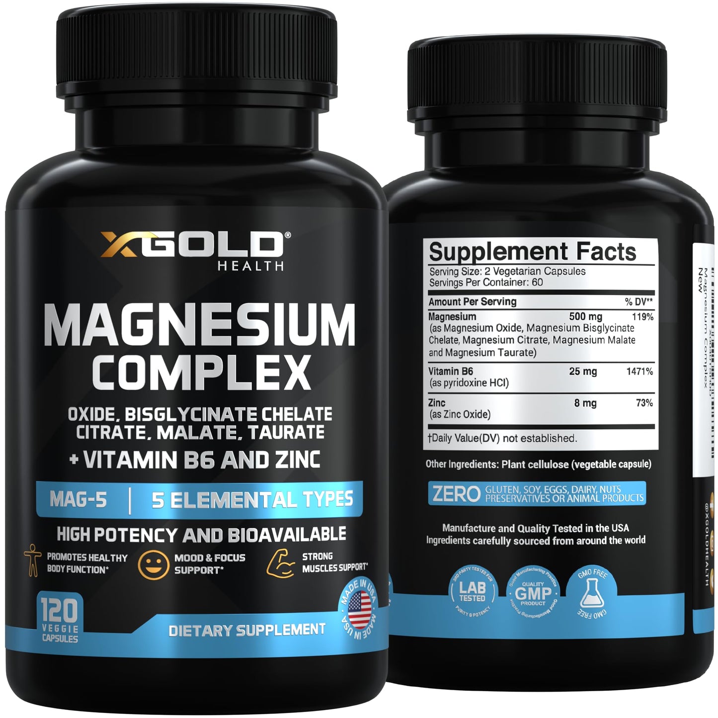 X Gold Health Magnesium Complex 5-in-1 with Zinc and Vitamin B6, 120 Capsules