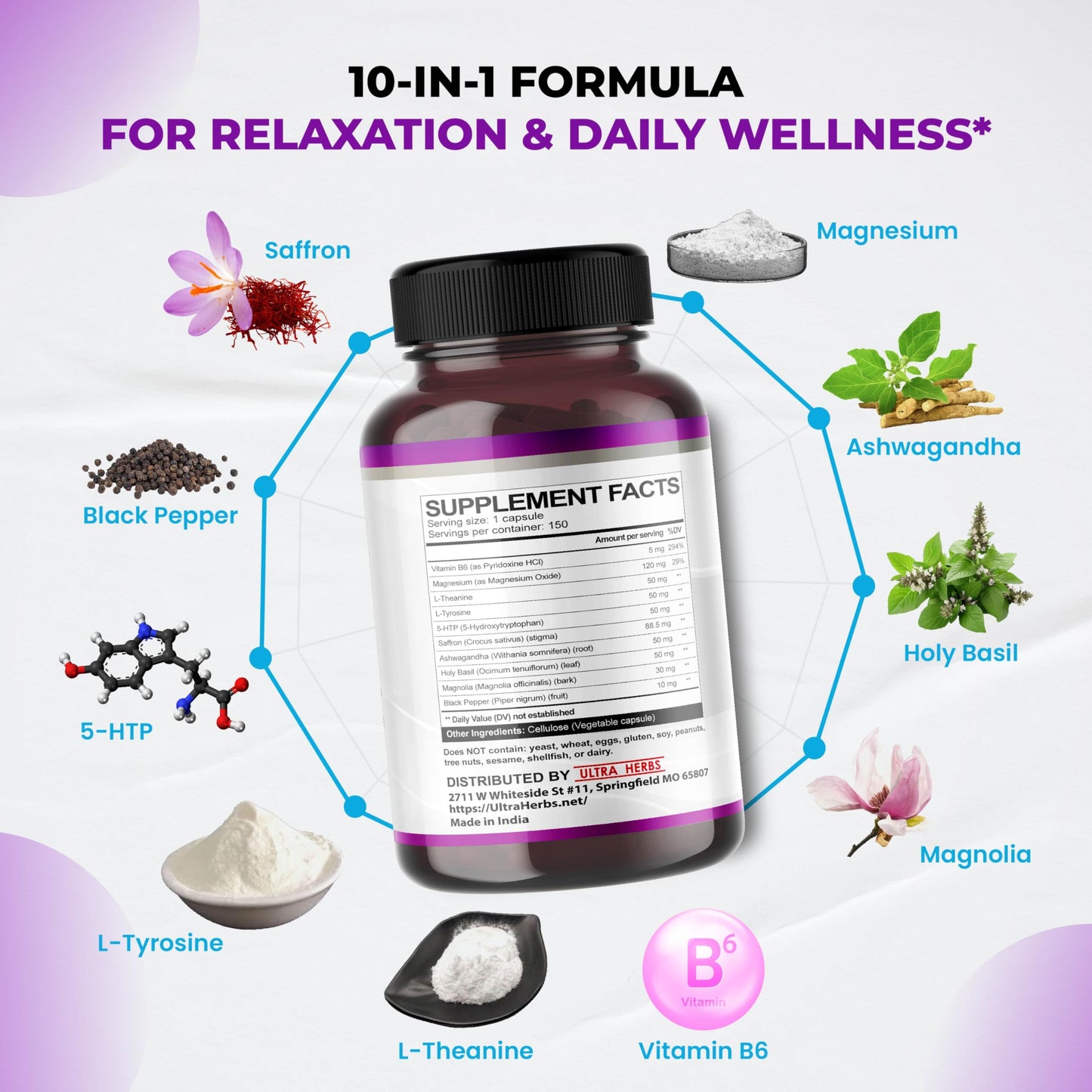 ULTRA HERBS Premium Saffron 10-in-1 – 905 mg with L-Theanine, Ashwagandha, Vitamin B6, 5-HTP, L-Tyrosine & Magnesium – Supports Restful Sleep, Calmness & Well-Being Capsules, 150 Count