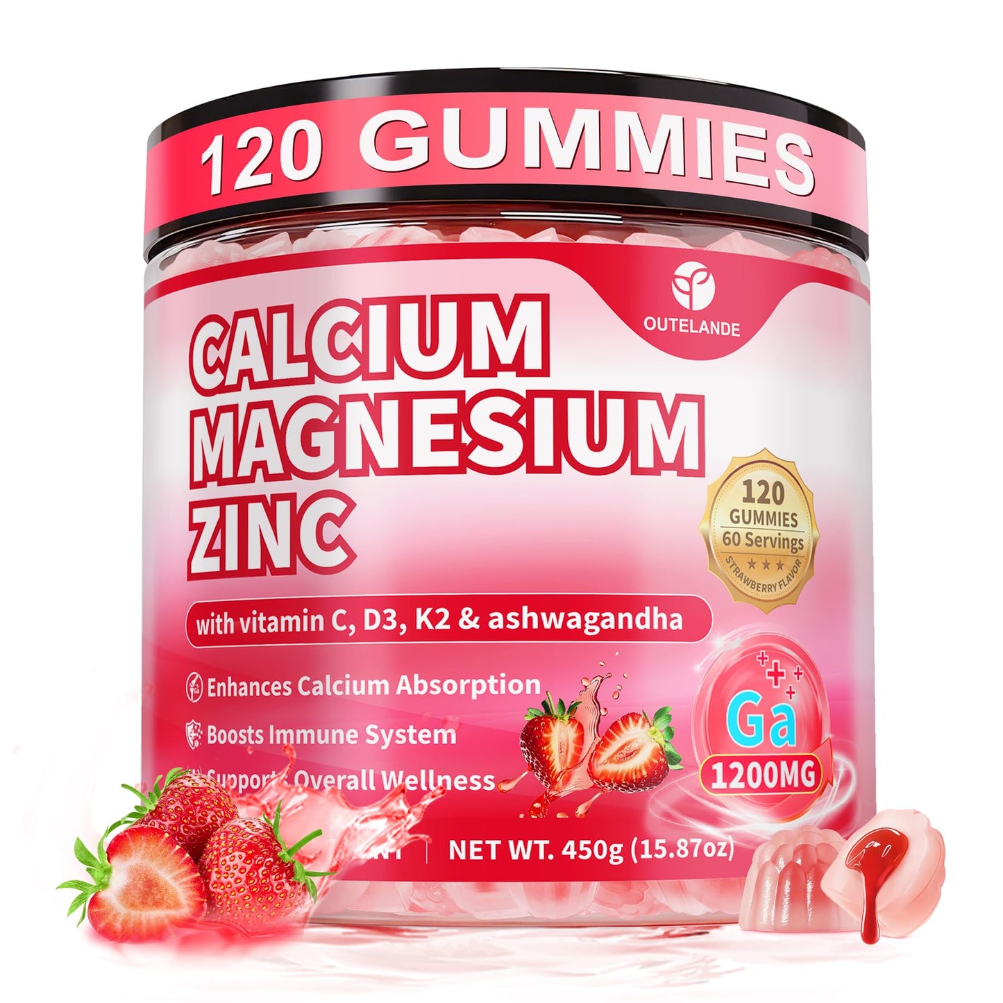 OUTELANDE Calcium Citrate Gummies 1200mg with Vitamin D3 & K2 for Women & Men, 120 Count